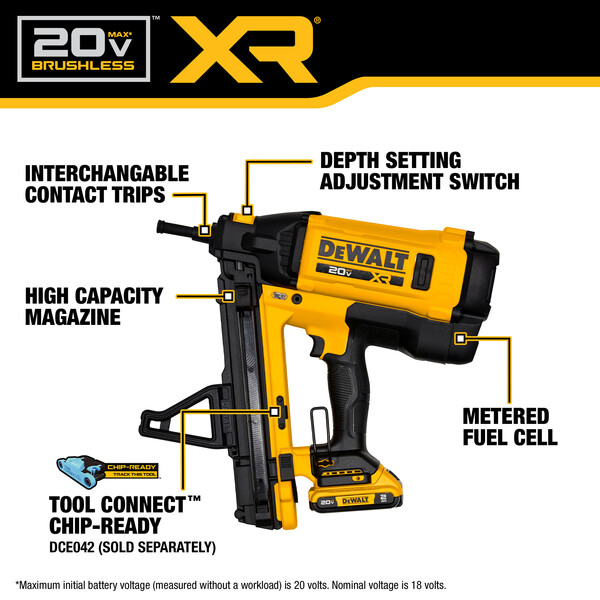 DeWalt 20V MAX Trak-It C6 Cordless Gas Concrete Nailer Kit DGN845D1 features
