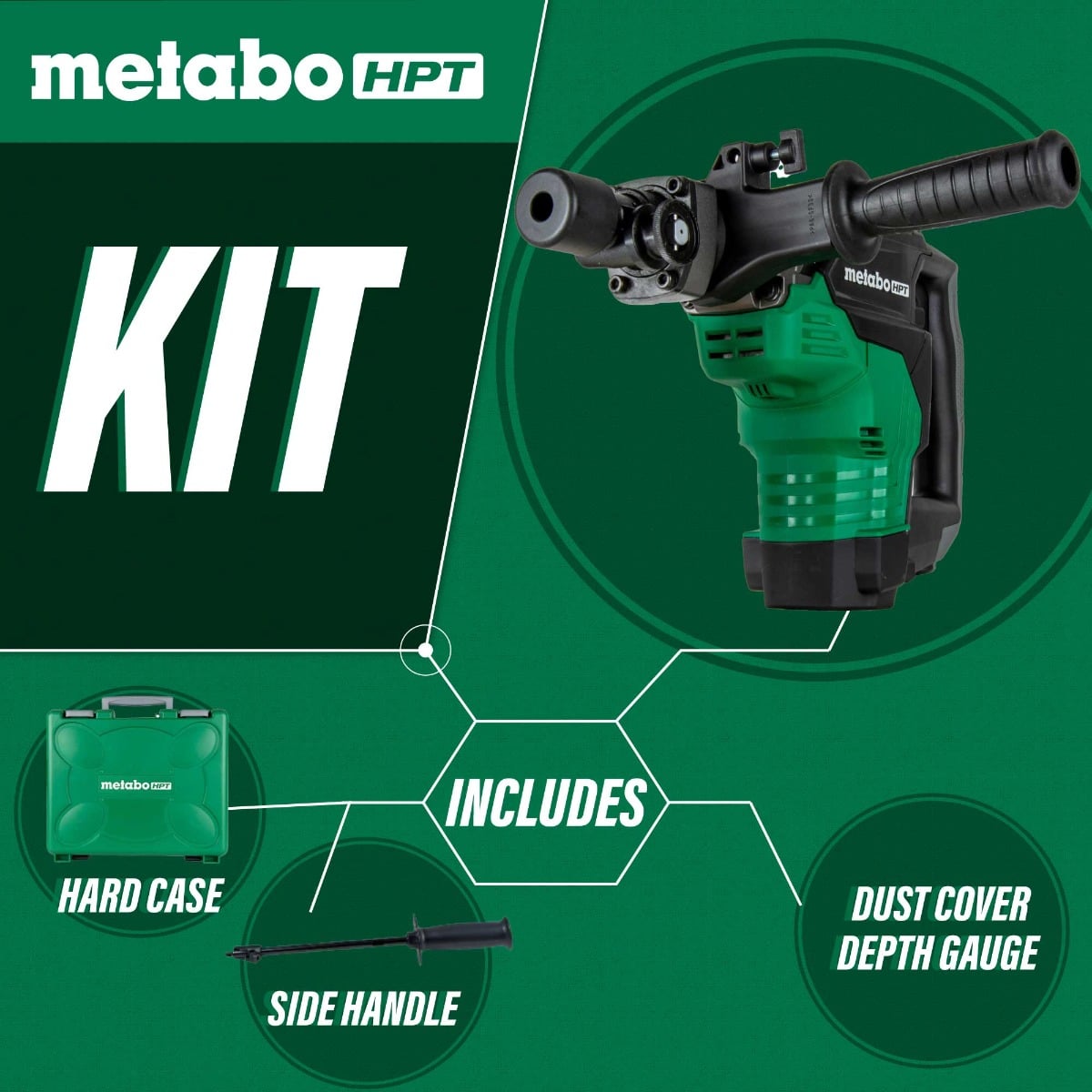 Metabo HPT (Formerly Hitachi) DH38YE3M 1-9/16" Rotary Hammer Drill, w/ Case kit features