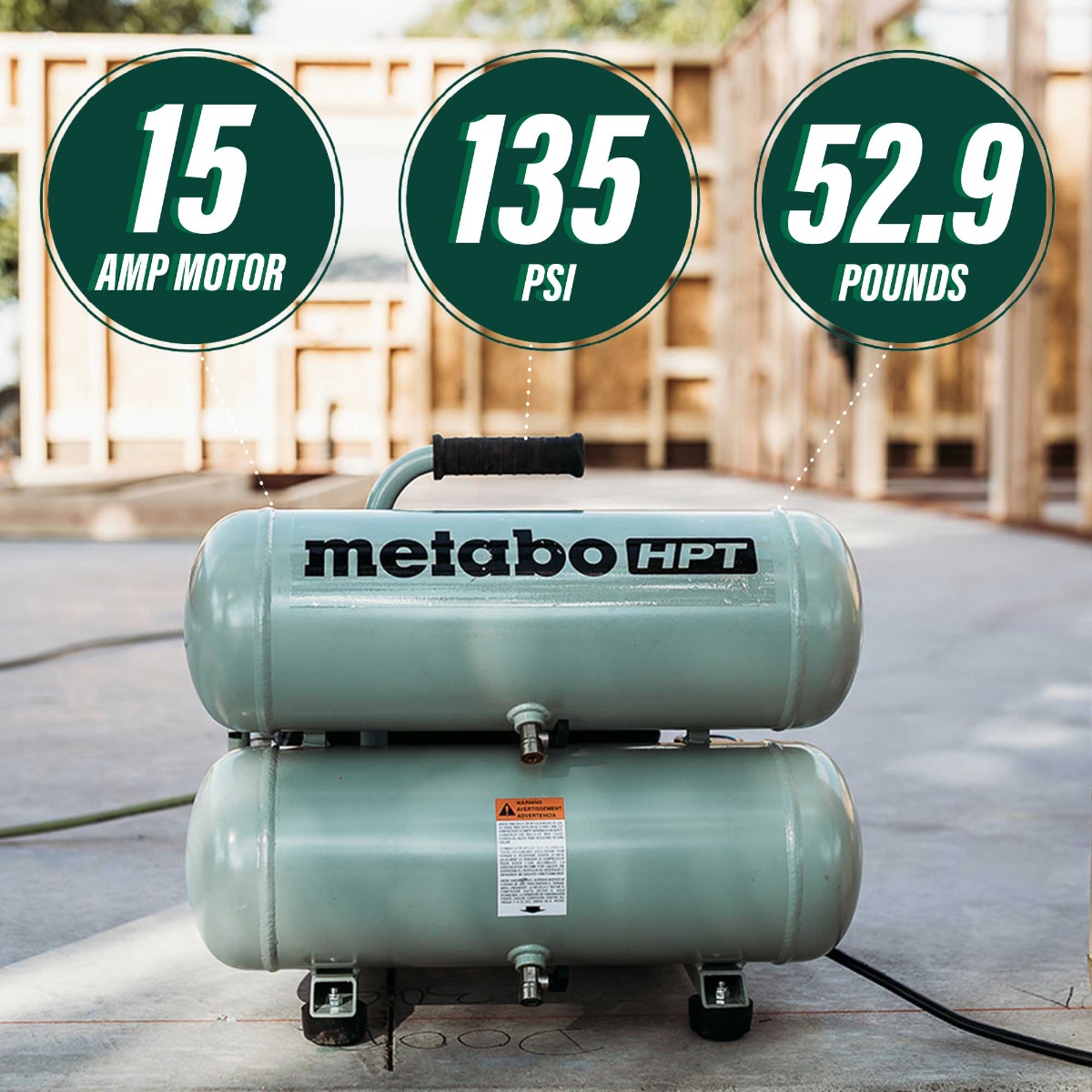 Metabo HPT EC99S 4 Gallon Portable Electric Twin Stack Air Compressor in use specs