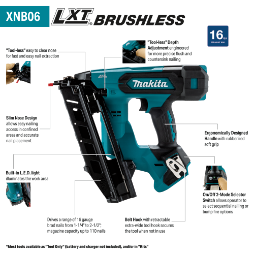 Makita XNB06Z 18V LXT Brush1less 16 Gauge Angled Finish Nailer (Bare Tool), 1-1/4" to 2-1/2" chart