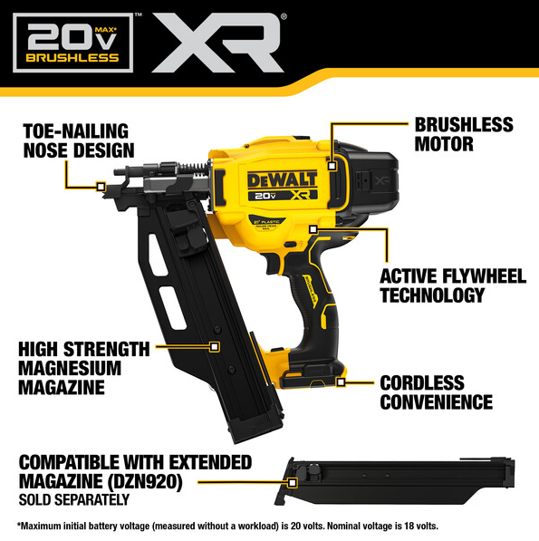 Dewalt DCN920B 20V MAX Brushless Cordless 21-Degree Framing Nailer 