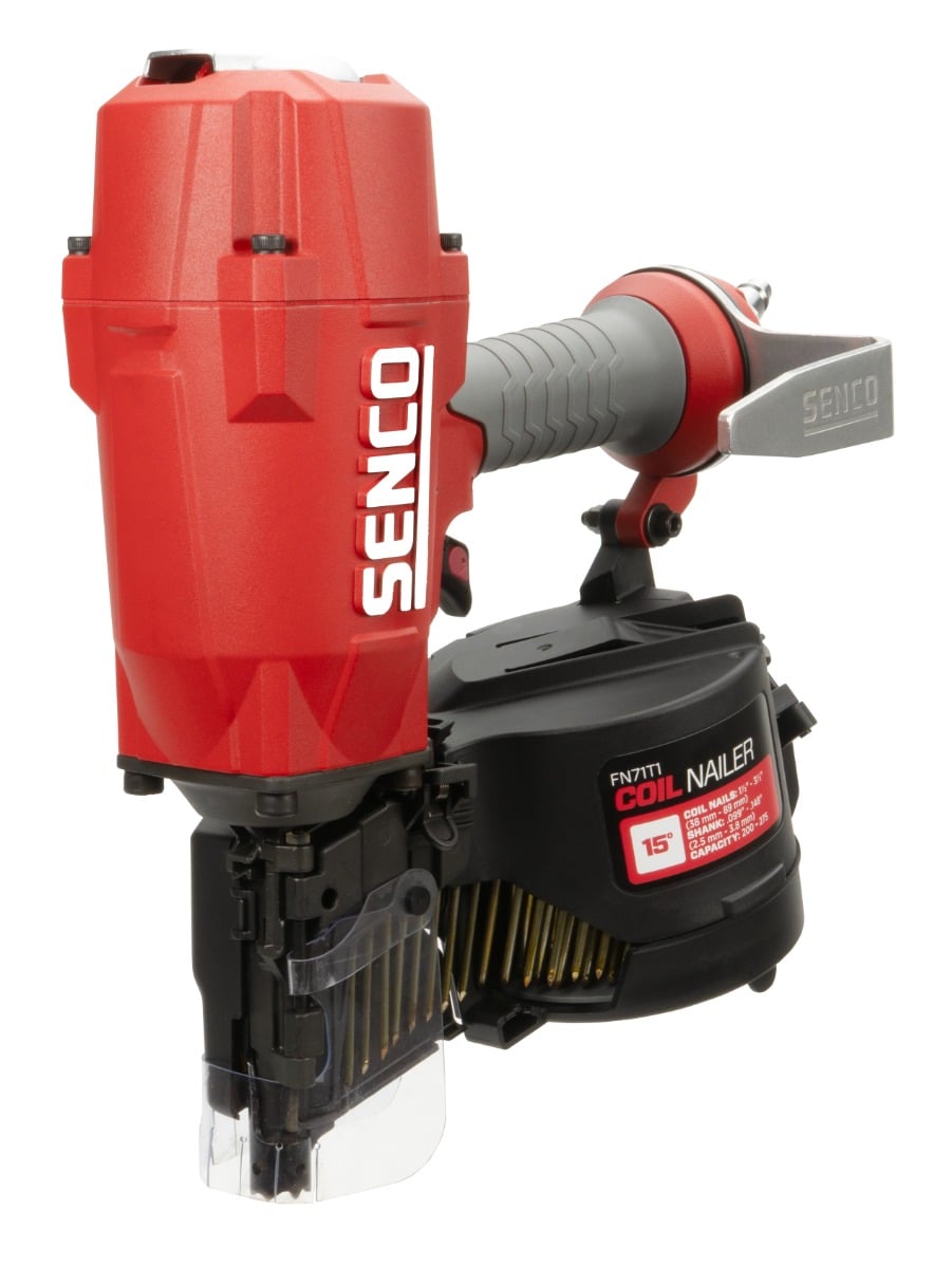 Senco FN71T1 15 Degree Coil Framing Nailer angle view with fasteners