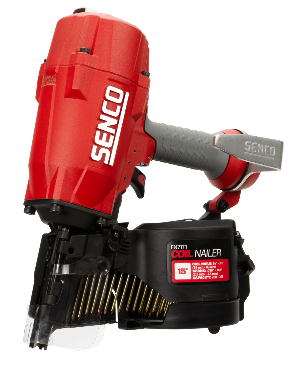 Senco FN71T1 15 Degree Coil Framing Nailer side view with fasteners