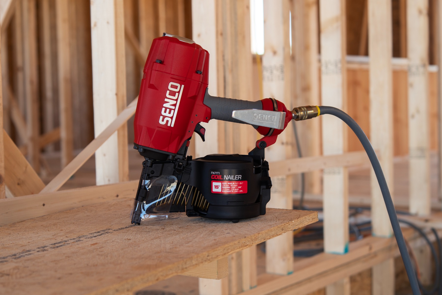 Senco FN71T1 15 Degree Coil Framing Nailer with fasteners and air hose