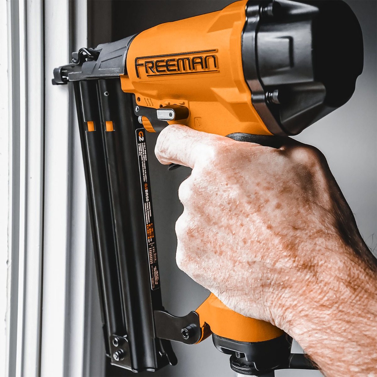 Freeman G2BR50 Pneumatic 18-Gauge Brad Nailer, 3/8" – 2" in use