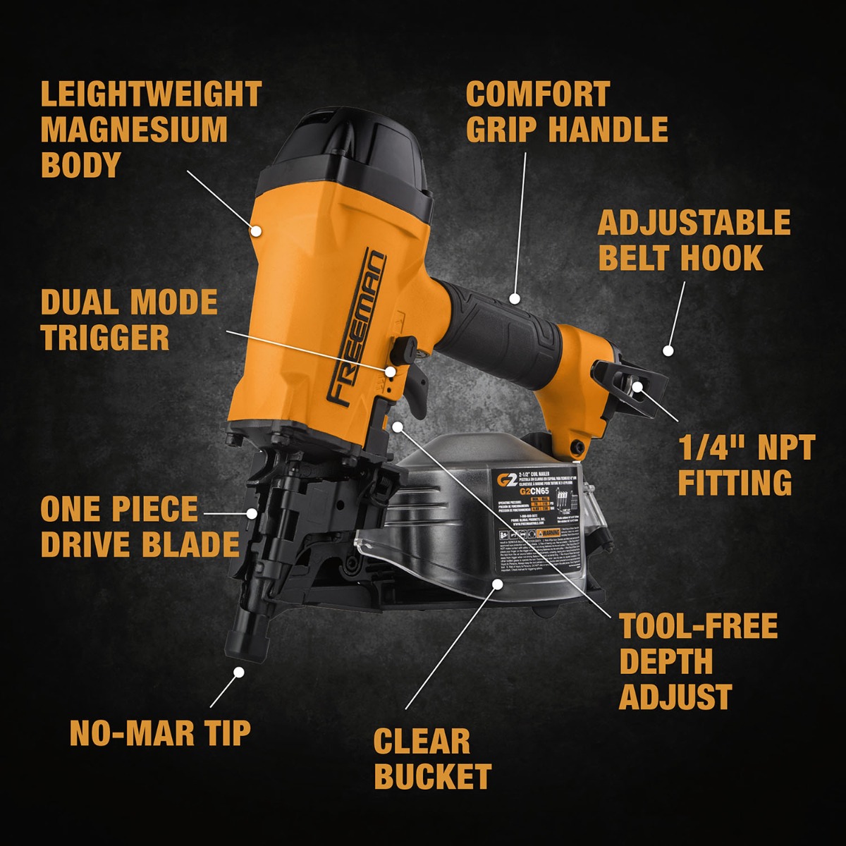 Freeman G2CN65 Pneumatic 15-Degree Coil Siding Nailer, 1-1/4” – 2-1/2” guide