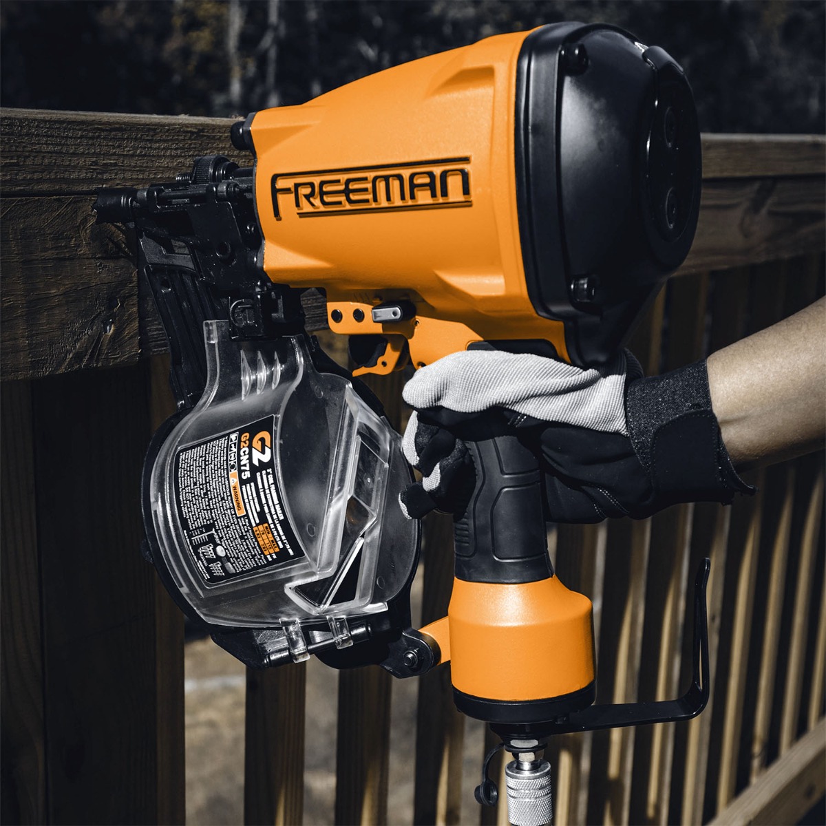 Freeman G2CN75 15-degree 3" Coil Siding and Framing Nailer in use