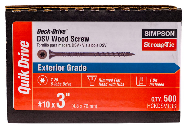 Quikdrive HCKDSVT3S #10 x 3" DSVT Deck Screw, T25 6-Lobe Drive, Ribbed Flat Head, Quik Guard Coated Half Pk packaging