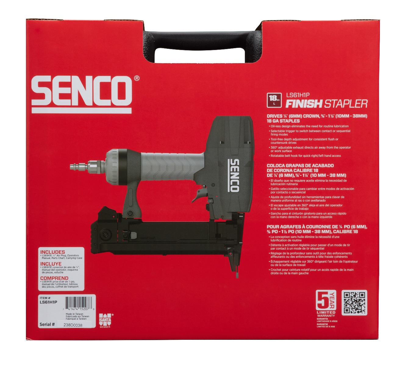Senco LS61H1P 18 Gauge Finish Stapler w/Case, 3/8" to 1-1/2" pack with air plug