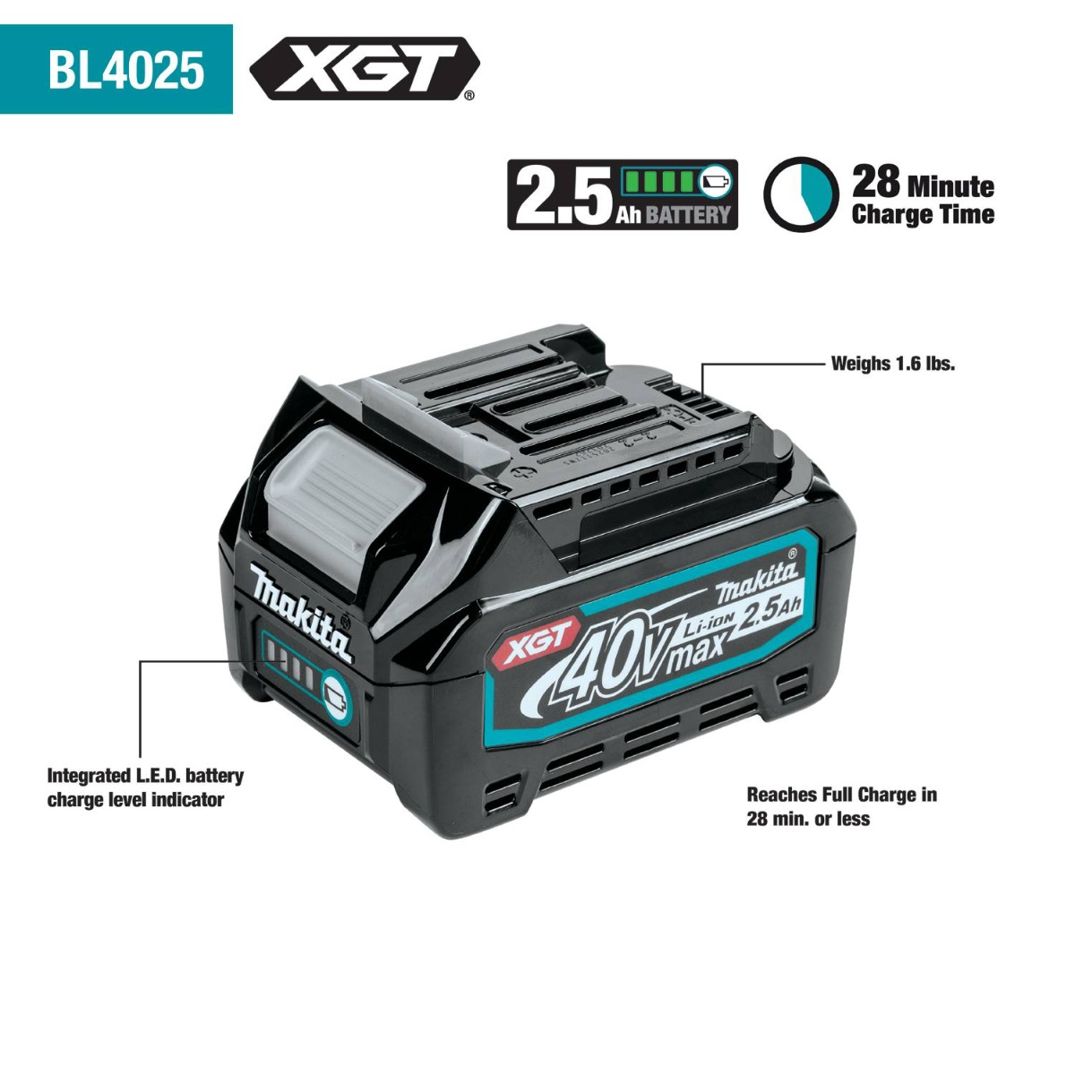 Makita BL4025 40V MAX XGT 2.5 Ah Li-Ion Battery features