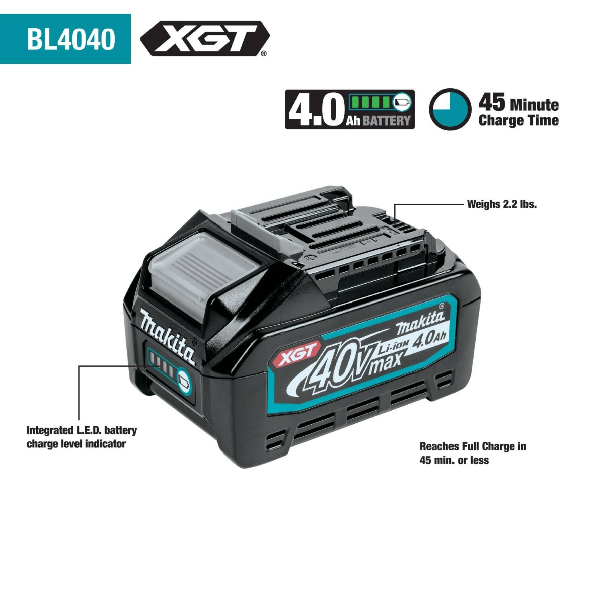 Makita BL4040 40V MAX XGT 4.0 Ah Li-Ion Battery specs