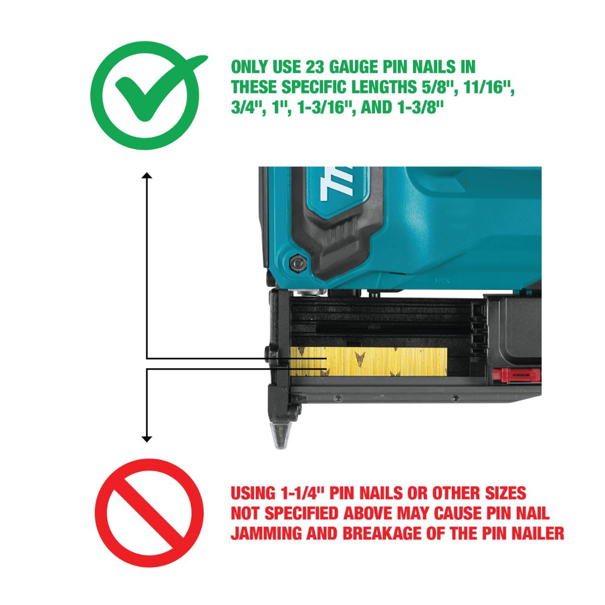 Makita XTP02Z 18V LXT Cordless 23 Gauge Pin Nailer fastener range