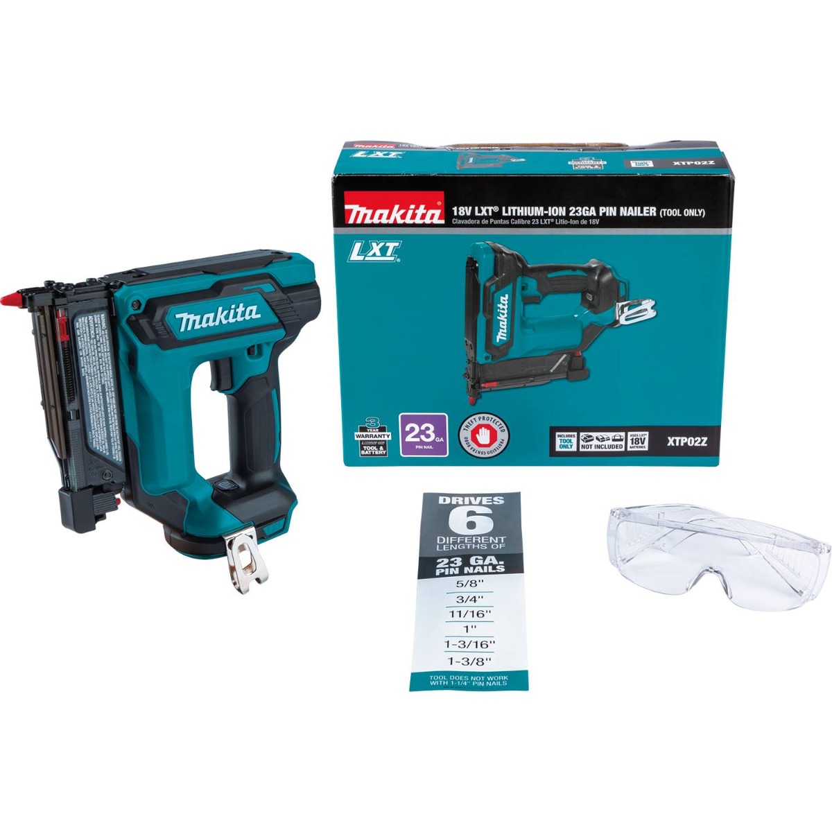 Makita XTP02Z 18V LXT Cordless 23 Gauge Pin Nailer with safety glasses
