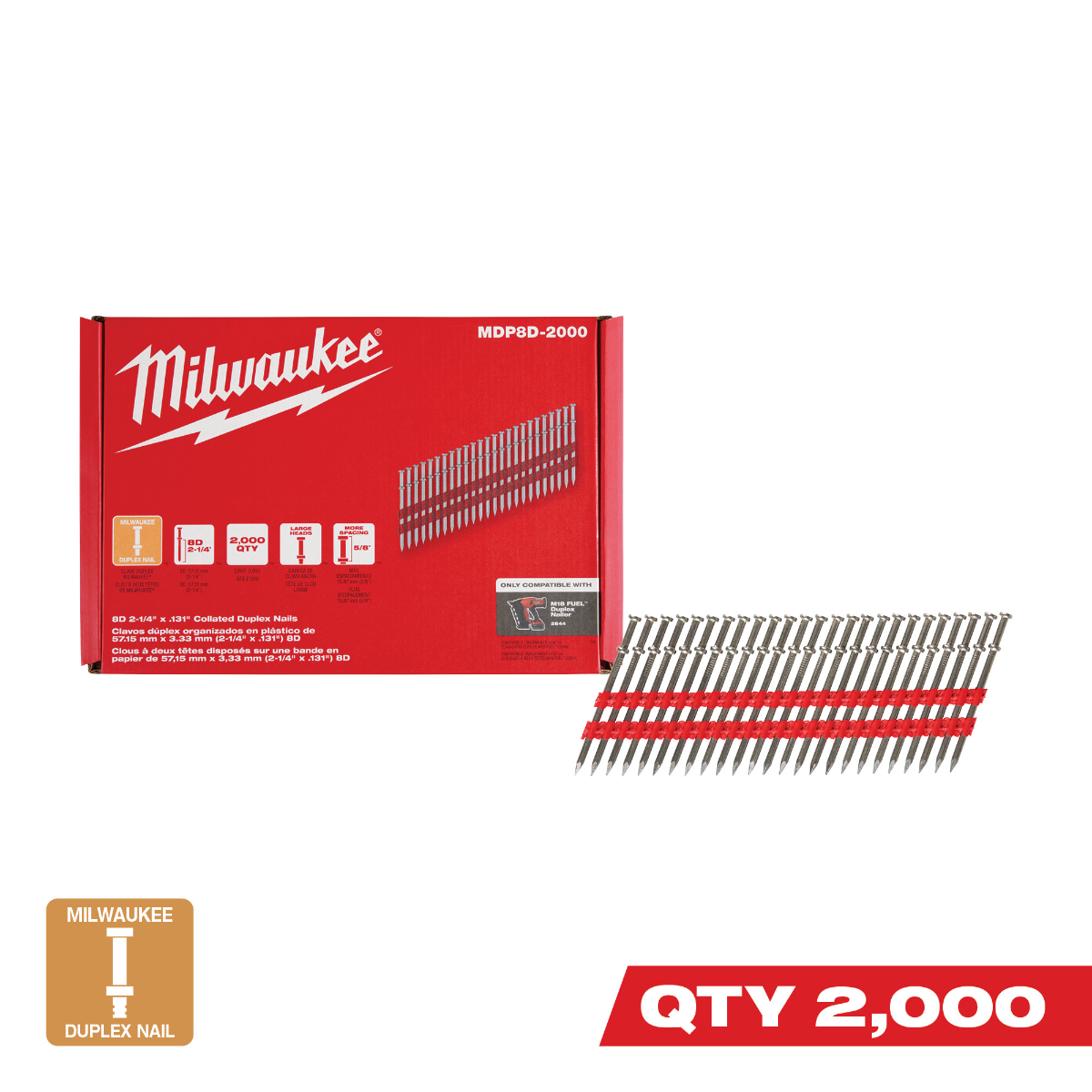 8D 2-1/4” x .131 Collated Duplex Nails 2000 count box