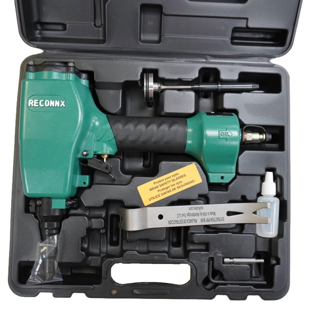 Everwin-Reconnx V20 Air Punch Denailer Kit carry case with pry bar, tool oil, drivers, allen wrench, bit, tool and manual