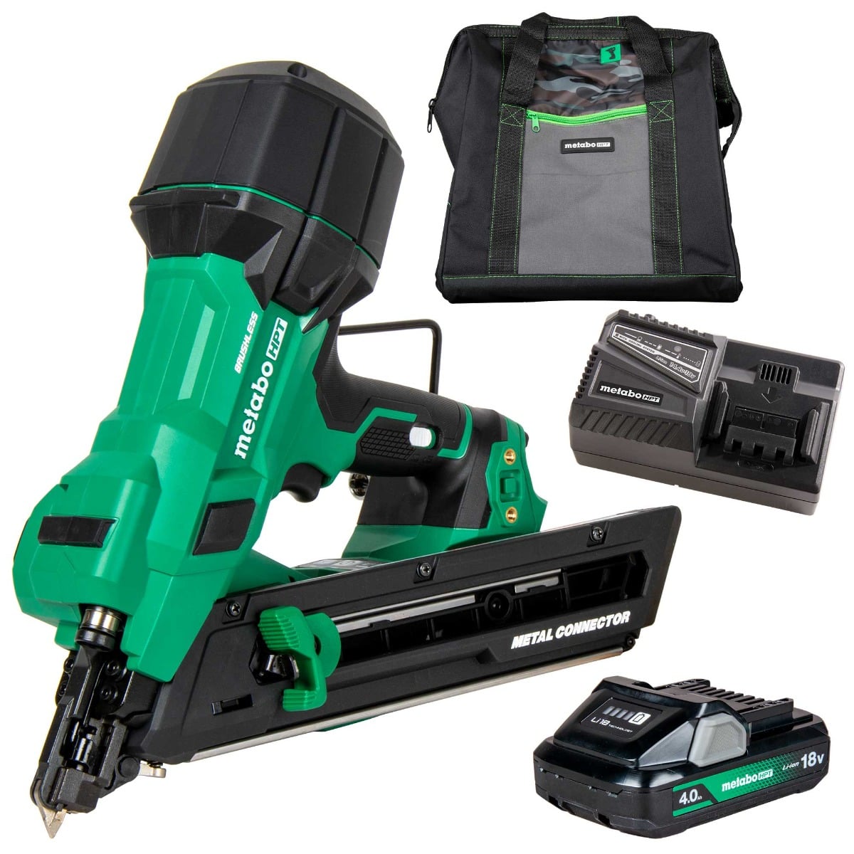 Metabo HPT NR1838DKAM 18V Metal Connector Nailer Kit contents