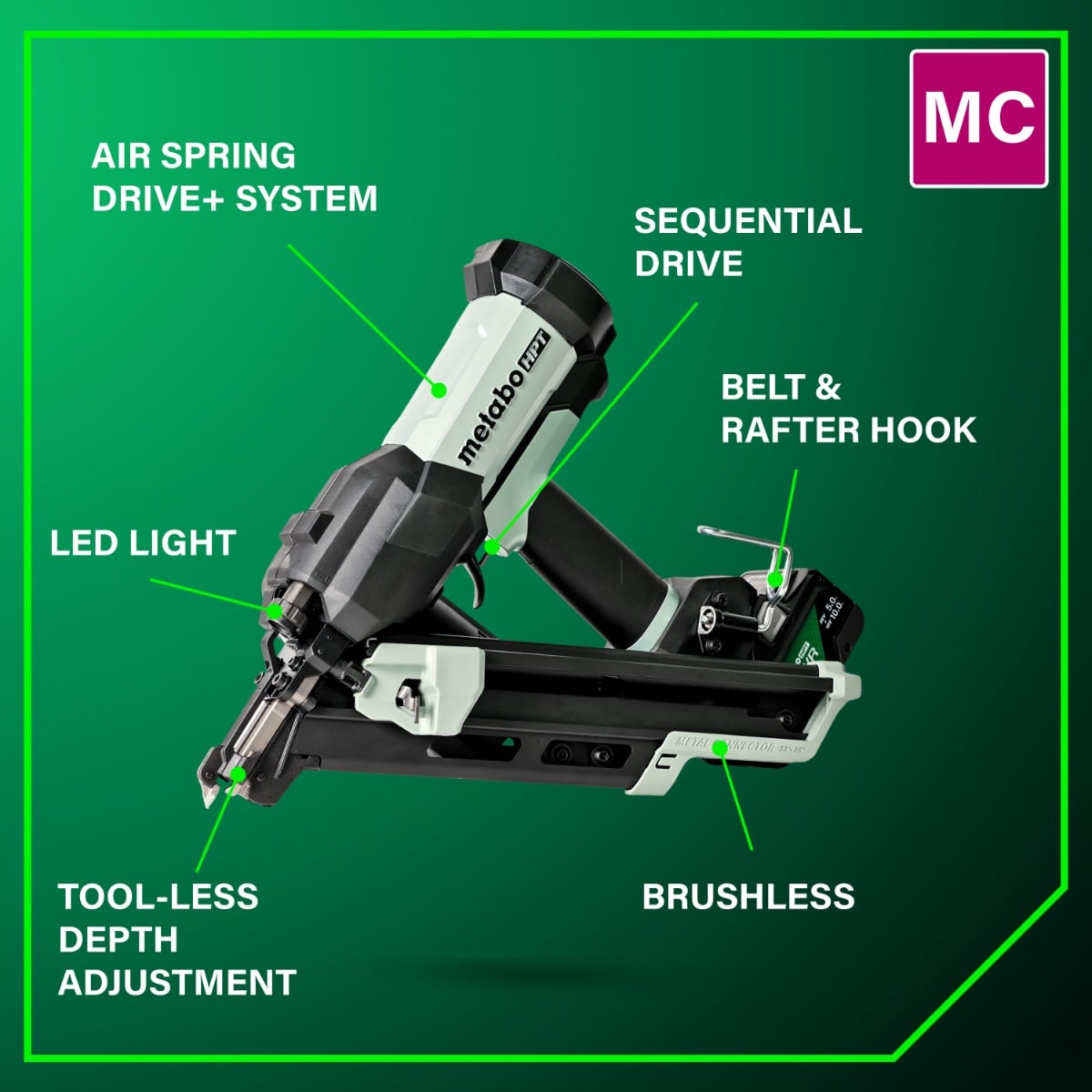 Metabo HPT NR1865DKAQRY 18V Cordless Pneumatic Metal Connector Nailer features