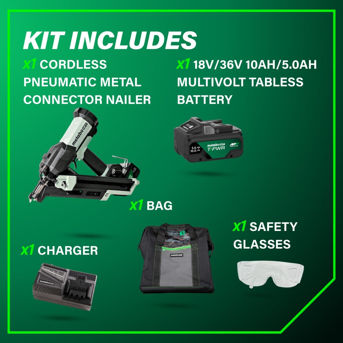 Metabo HPT NR1865DKAQRY 18V Cordless Pneumatic Metal Connector Nailer kit contents