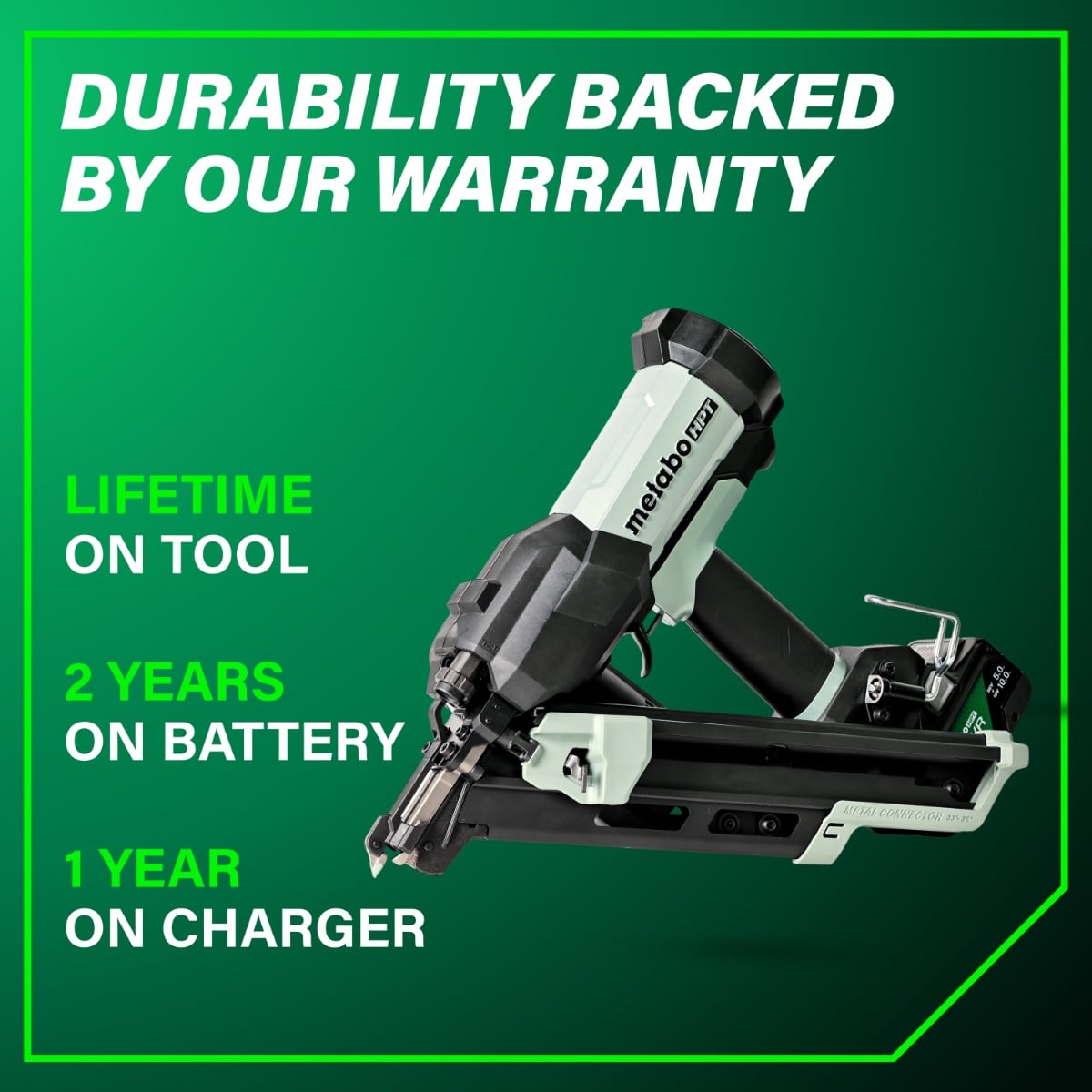 Metabo HPT NR1865DKAQRY 18V Cordless Pneumatic Metal Connector Nailer warranty