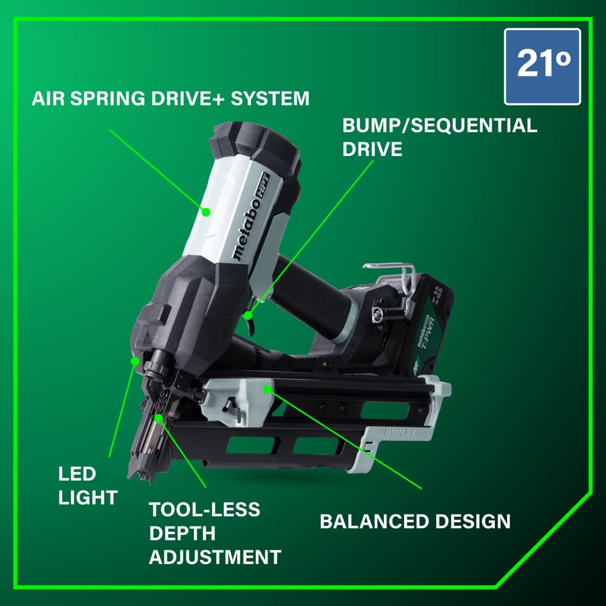 Metabo HPT NR1875DDAQRY 18V Cordless Pneumatic 21-Degree Duplex Nailer features
