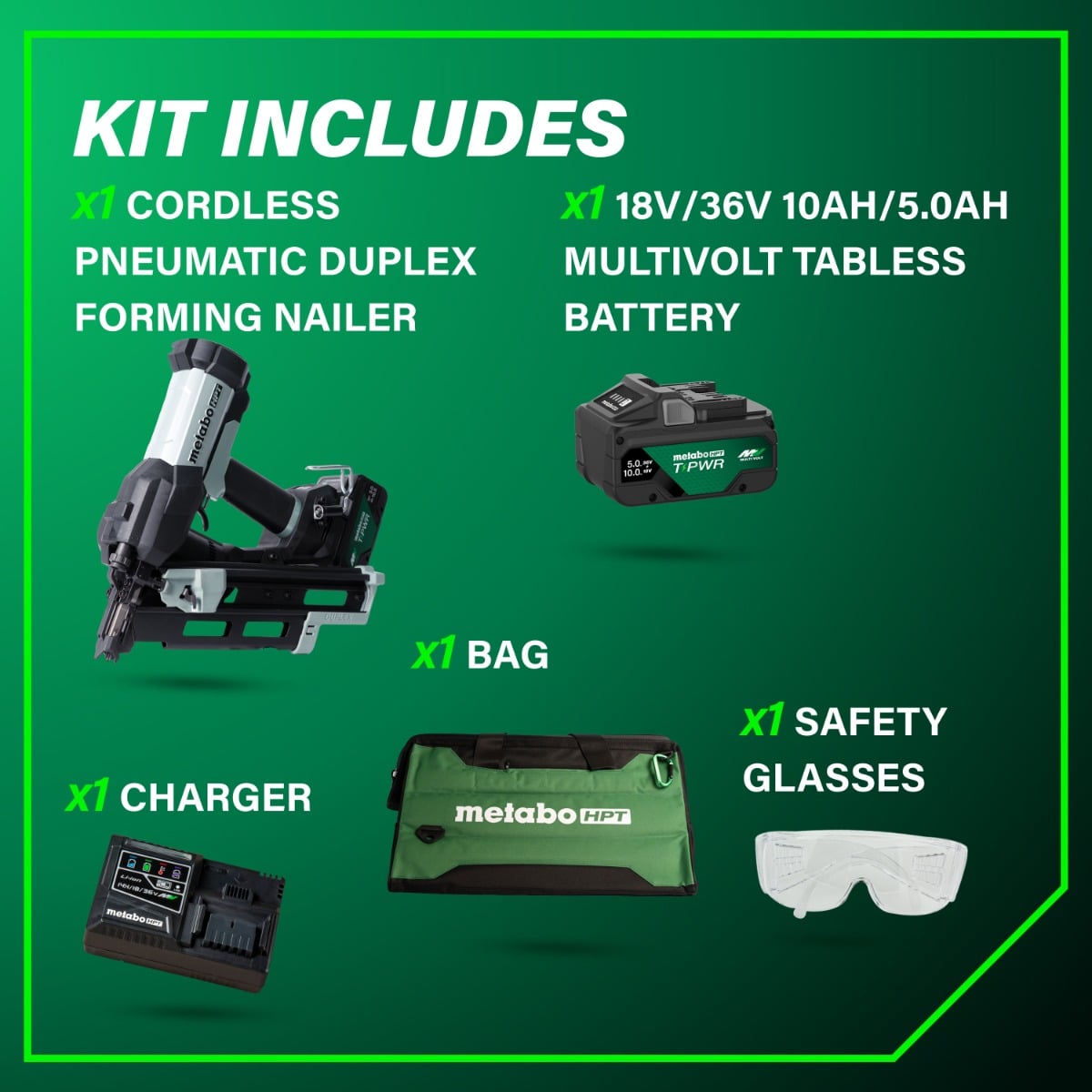 Metabo HPT NR1875DDAQRY 18V Cordless Pneumatic 21-Degree Duplex Nailer kit contents