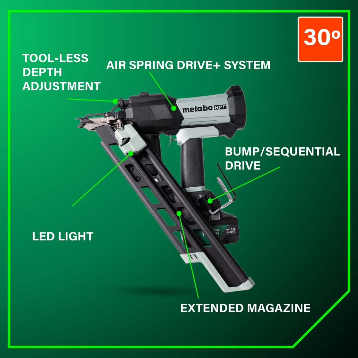 Metabo HPT NR1890DCBQRY 18V Cordless Pneumatic 30-Degree Framing Nailer Kit, 2” to 3-1/2” features