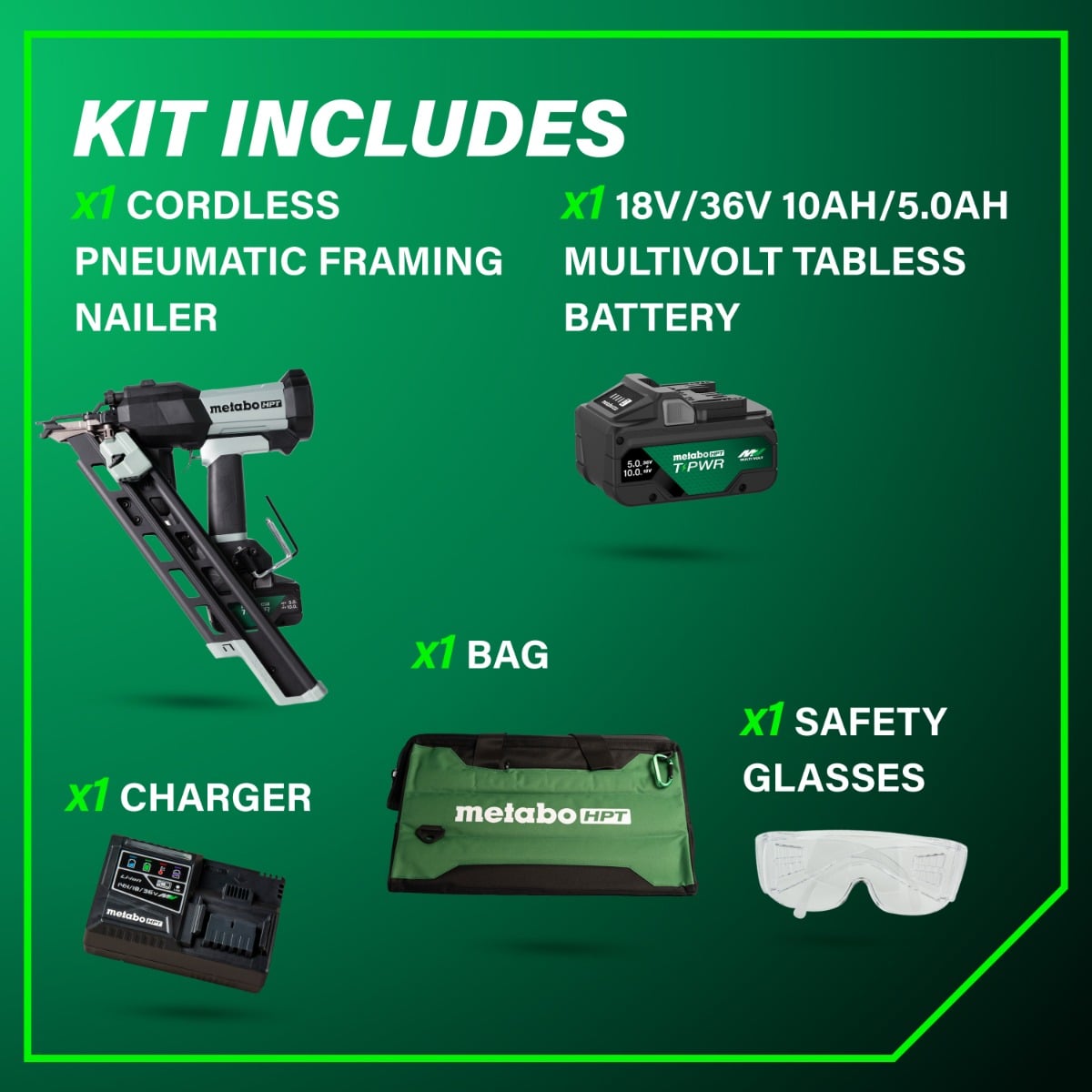 Metabo HPT NR1890DCBQRY 18V Cordless Pneumatic 30-Degree Framing Nailer Kit contents