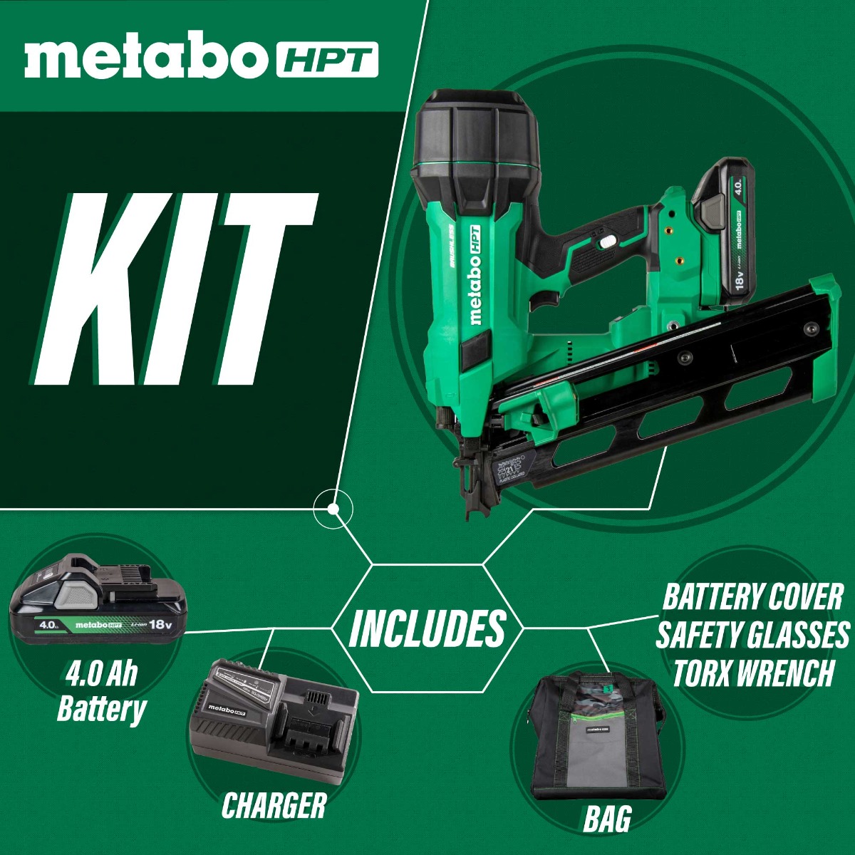 Metabo HPT NR1890DRA 18V MultiVolt Cordless Plastic Strip Framing Nailer kit contents