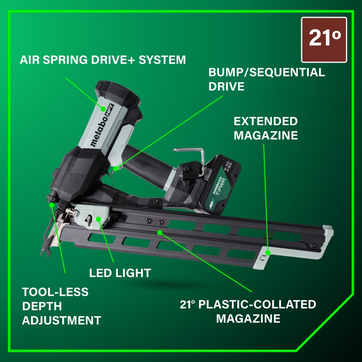 Metabo HPT NR1890DRBQRY 18V Cordless Pneumatic 21-Degree Framing Nailer features