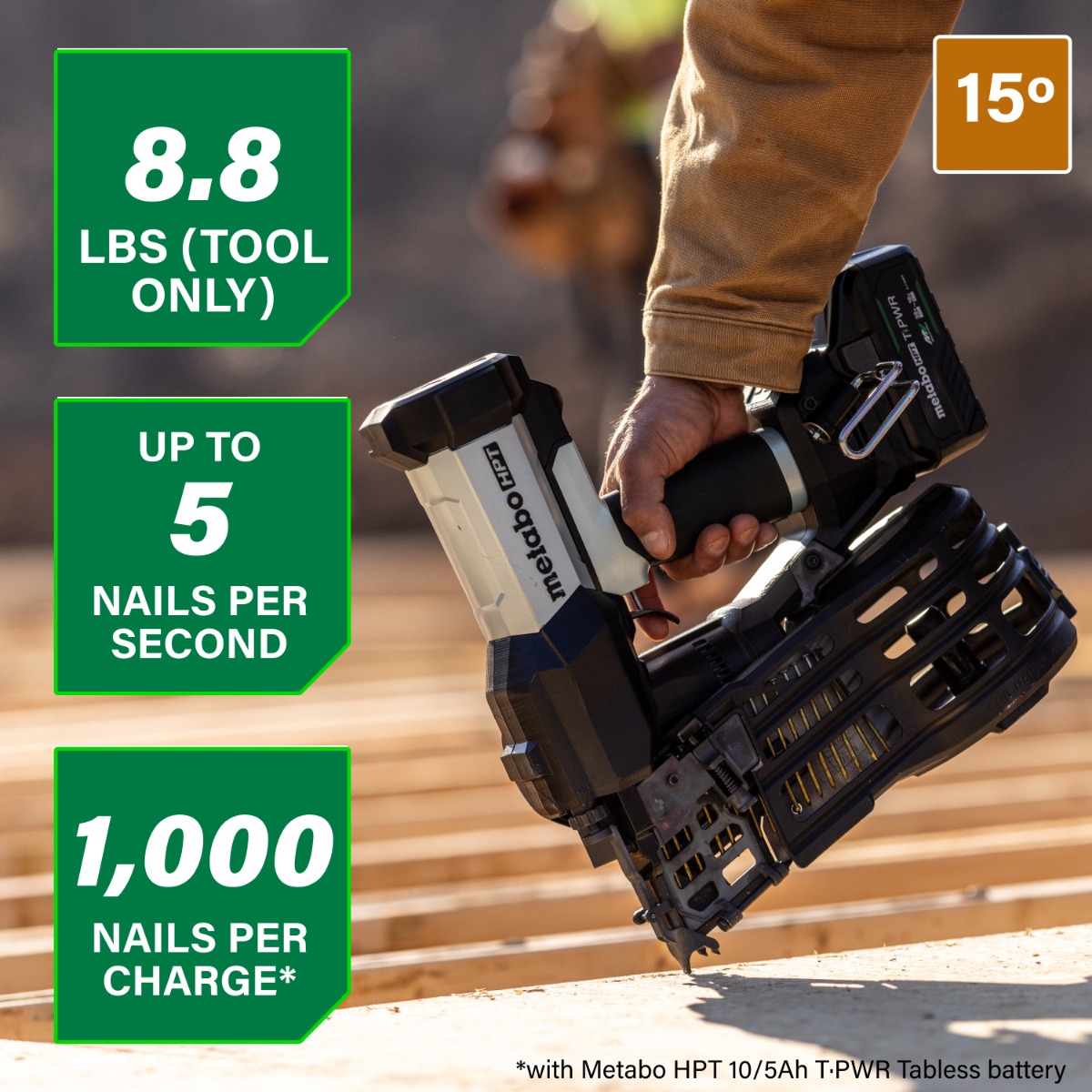 Metabo HPT NV1890DAQRY 18V Cordless Pneumatic 15-Degree Coil Framing Nailer Kit features