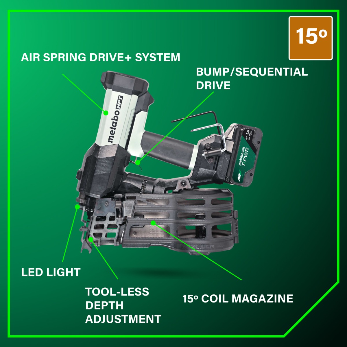 Metabo HPT NV1890DAQRY 18V Cordless Pneumatic 15-Degree Coil Framing Nailer Kit feature chart