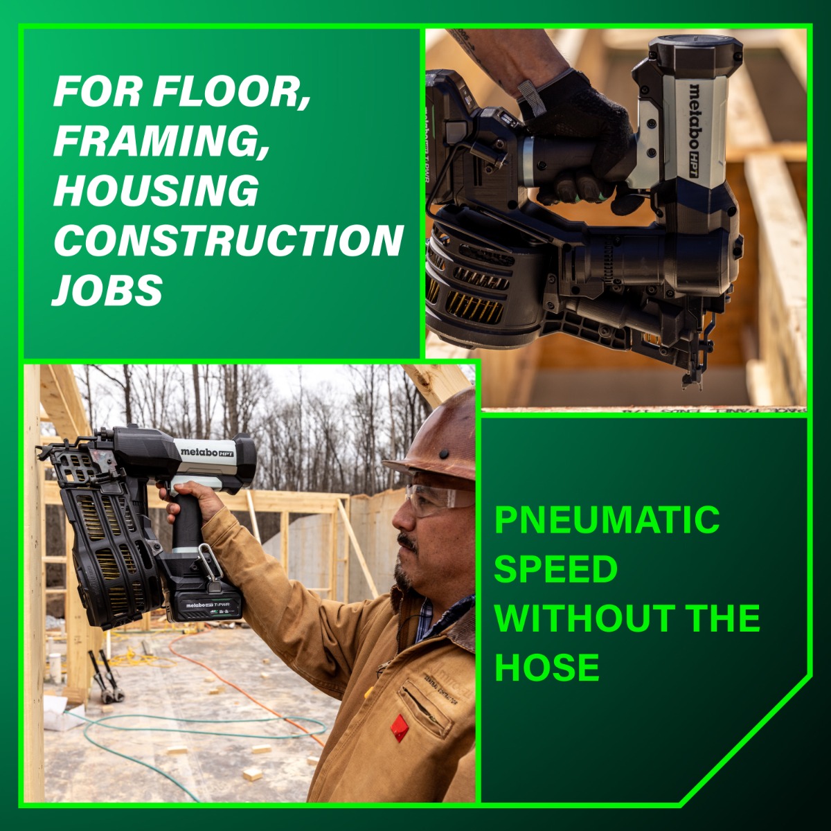 Metabo HPT NV1890DAQRY 18V Cordless Pneumatic 15-Degree Coil Framing Nailer Kit applications