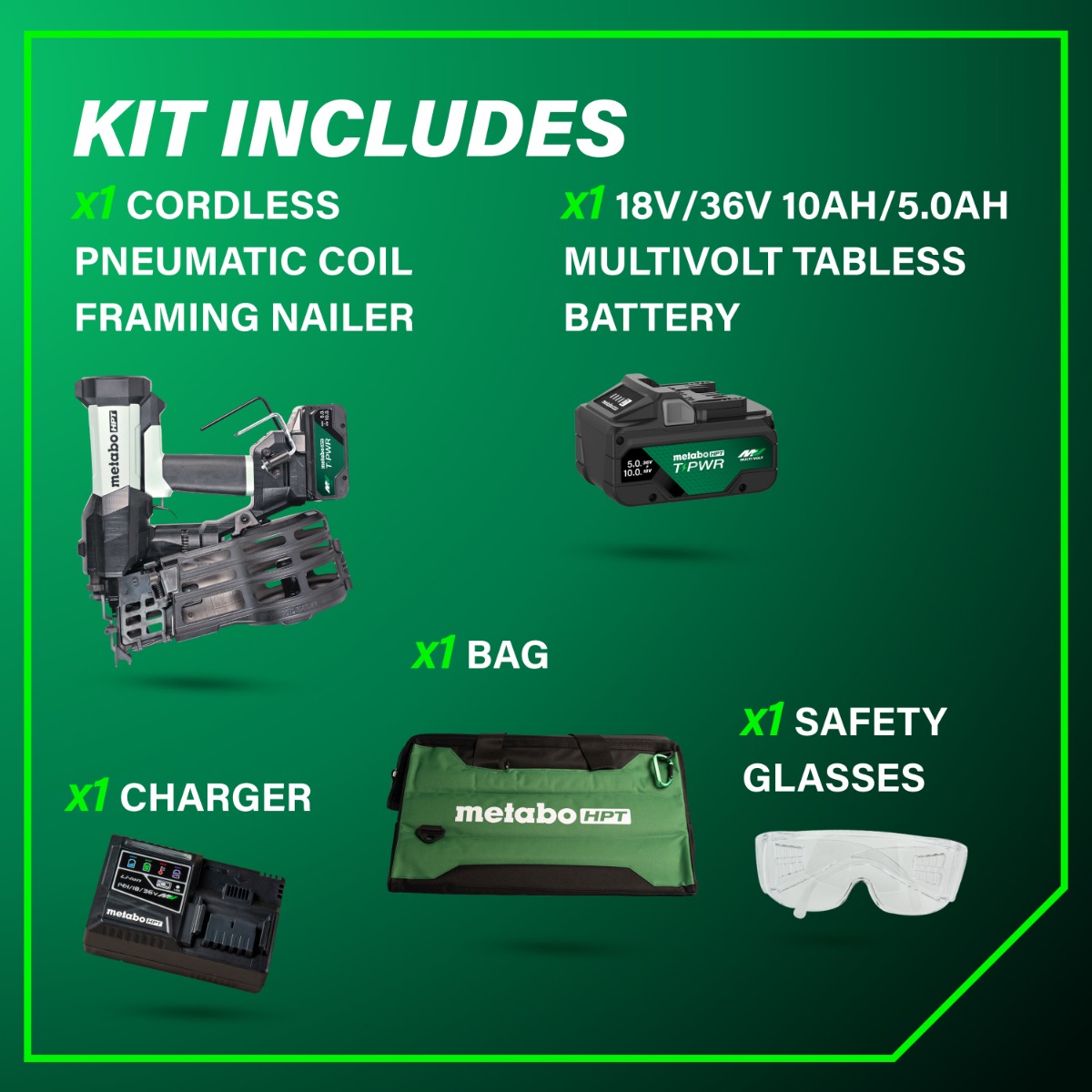 Metabo HPT NV1890DAQRY 18V Cordless Pneumatic 15-Degree Coil Framing Nailer Kit contents