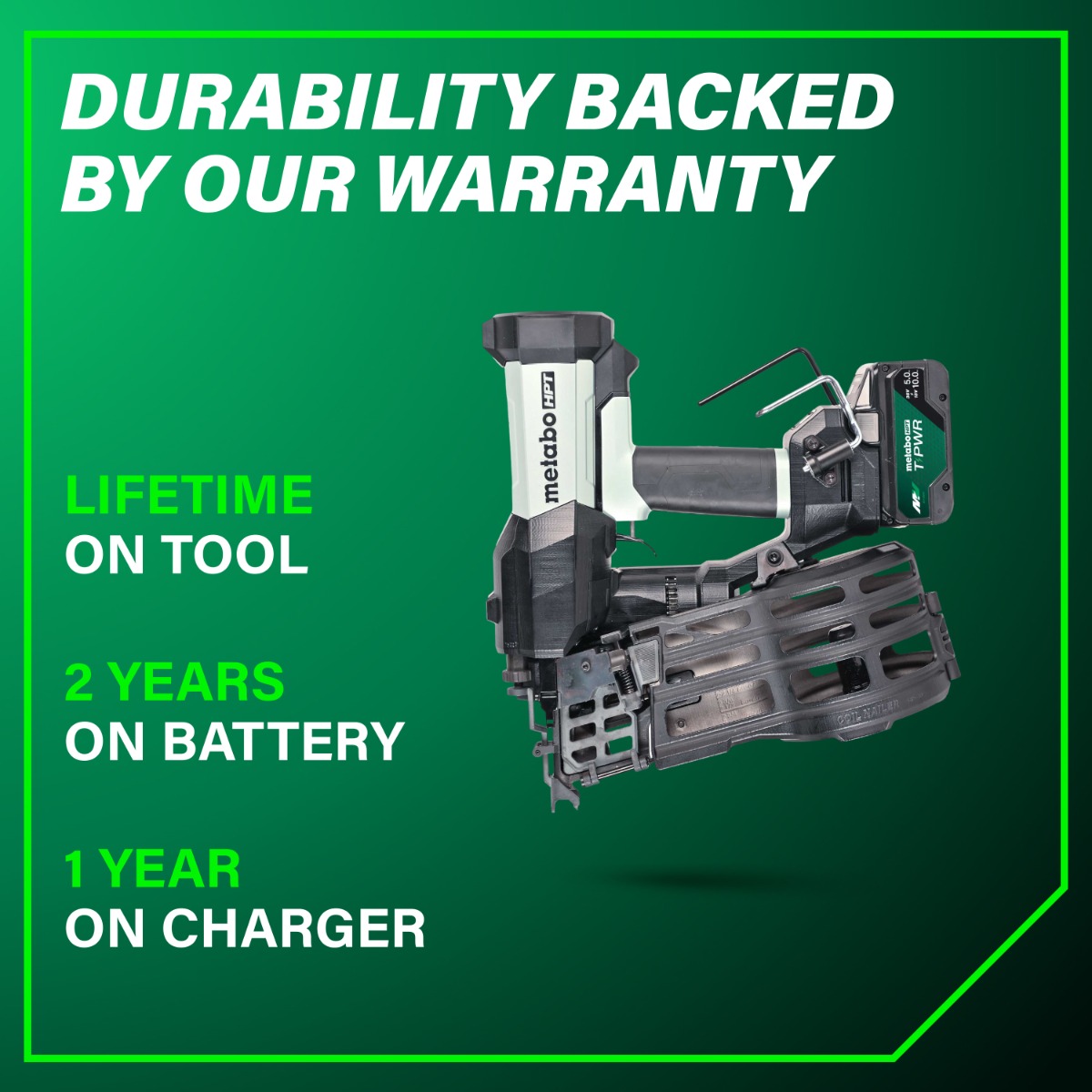 Metabo HPT NV1890DAQRY 18V Cordless Pneumatic 15-Degree Coil Framing Nailer Kit warranty