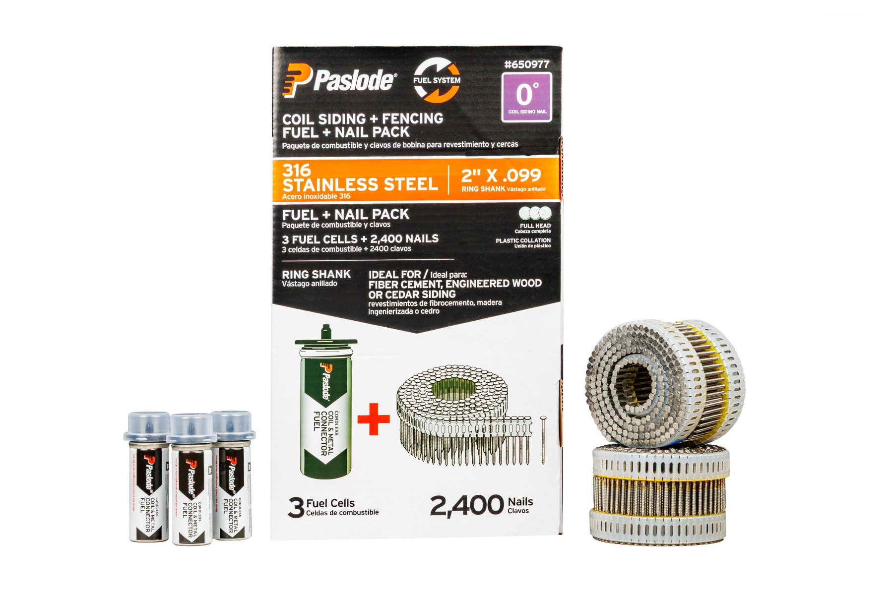 Paslode 650977 2" x .099 Stainless Steel Ring Shank CSF Siding & Fencing Coil Fuel + Nail Pack