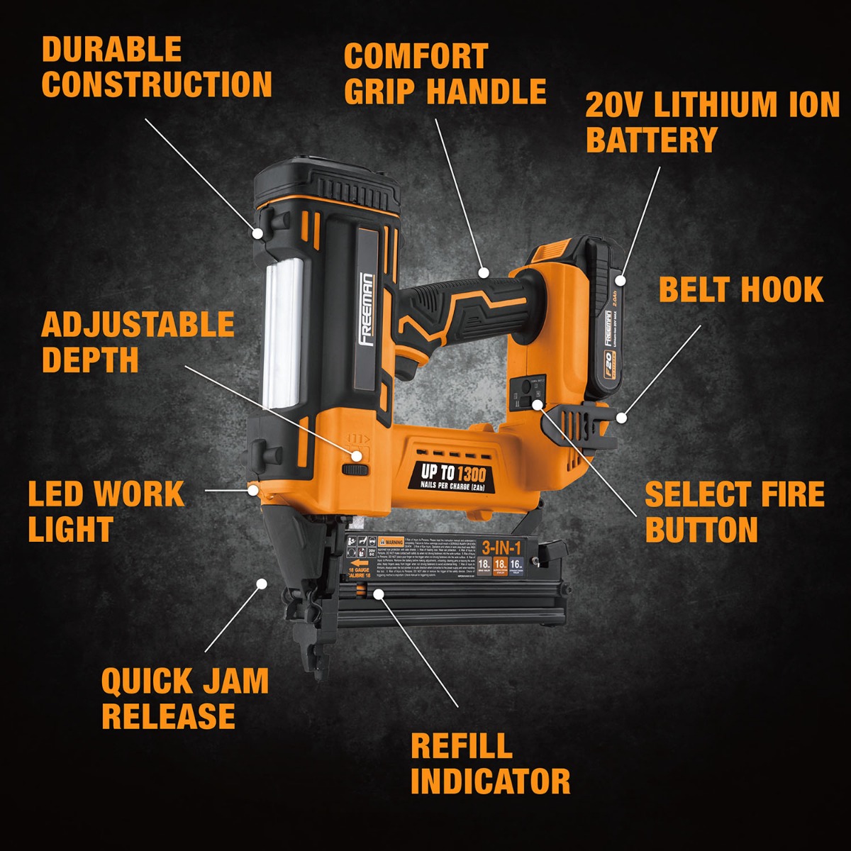 Freeman PE20V31618G 20V Cordless 3-in-1 16 and 18 Gauge Nailer/Stapler Kit w/ Battery and Charger, 5/8" – 2" guide