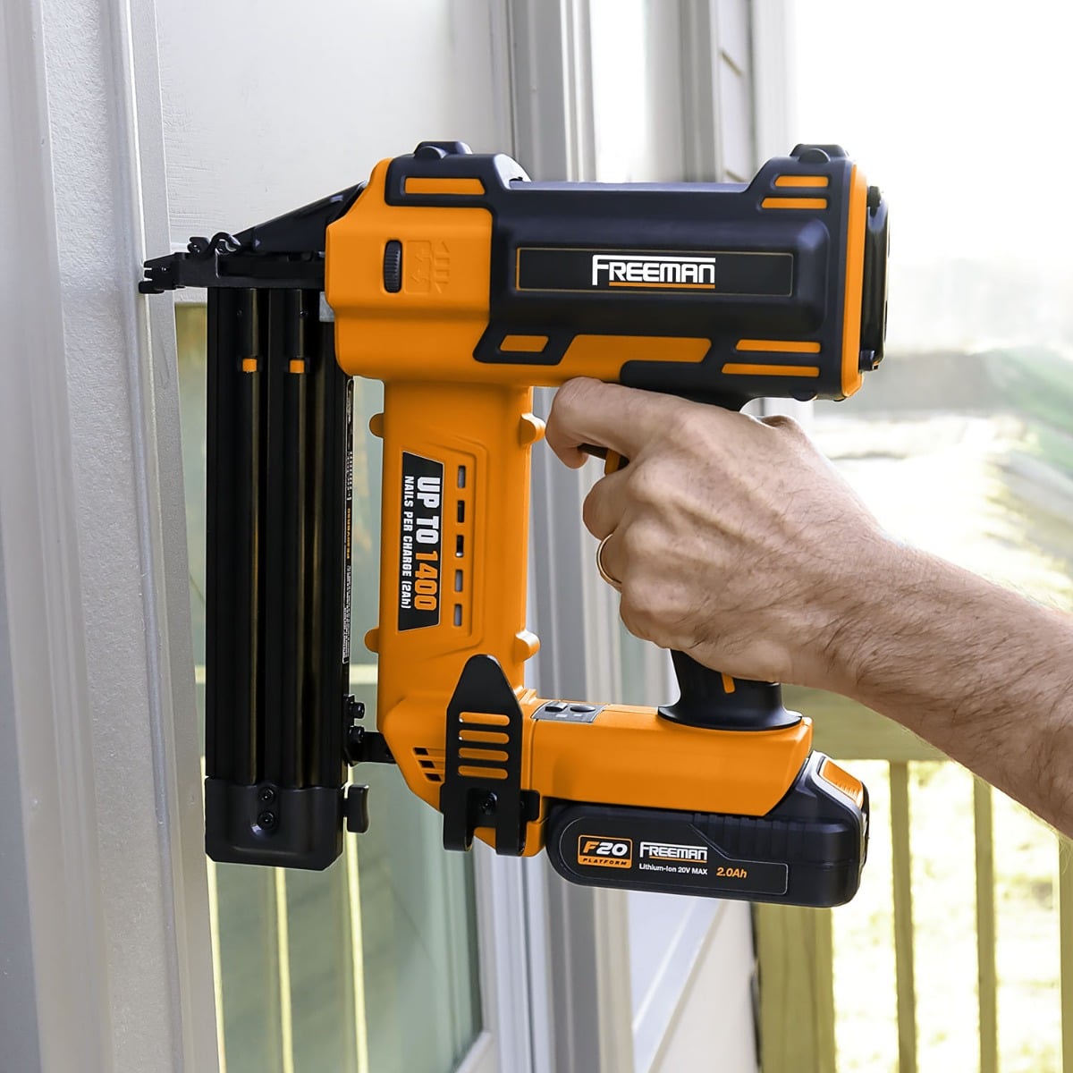 Freeman PE20VBR50 20V Cordless 18-Gauge Brad Nailer Kit w/ Battery and Charger, 3/8" – 2" in use
