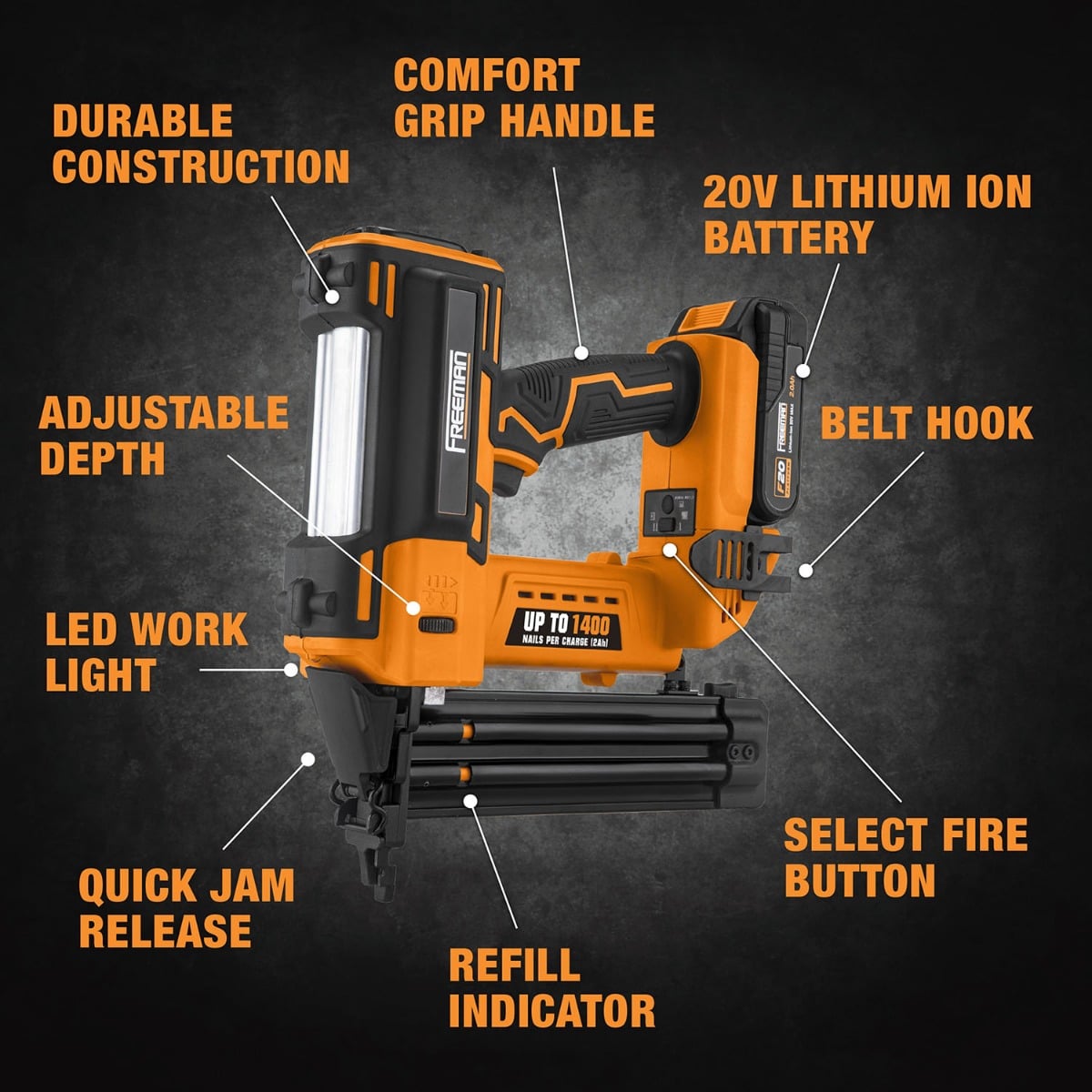 Freeman PE20VBR50 20V Cordless 18-Gauge Brad Nailer Kit w/ Battery and Charger, 3/8" – 2" guide