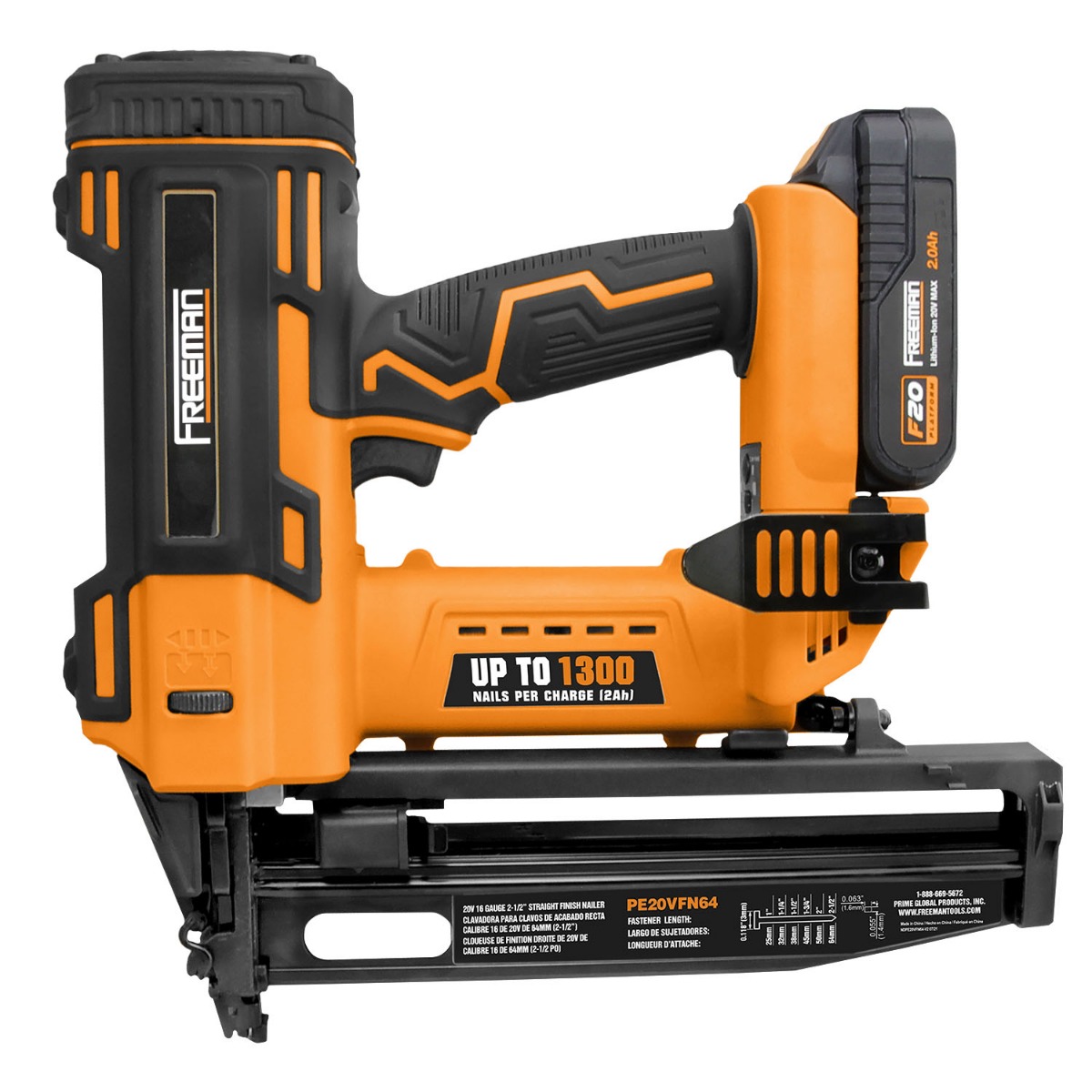 Freeman PE20VFN64 20V Cordless 16-Gauge Straight Finish Nailer Kit w/ Battery & Charger, 1" – 2-1/2" tool only