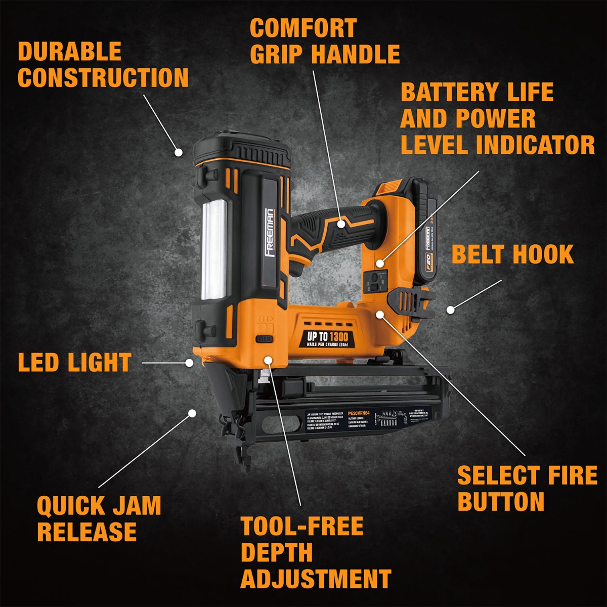 Freeman PE20VFN64 20V Cordless 16-Gauge Straight Finish Nailer Kit w/ Battery & Charger, 1" – 2-1/2" guide