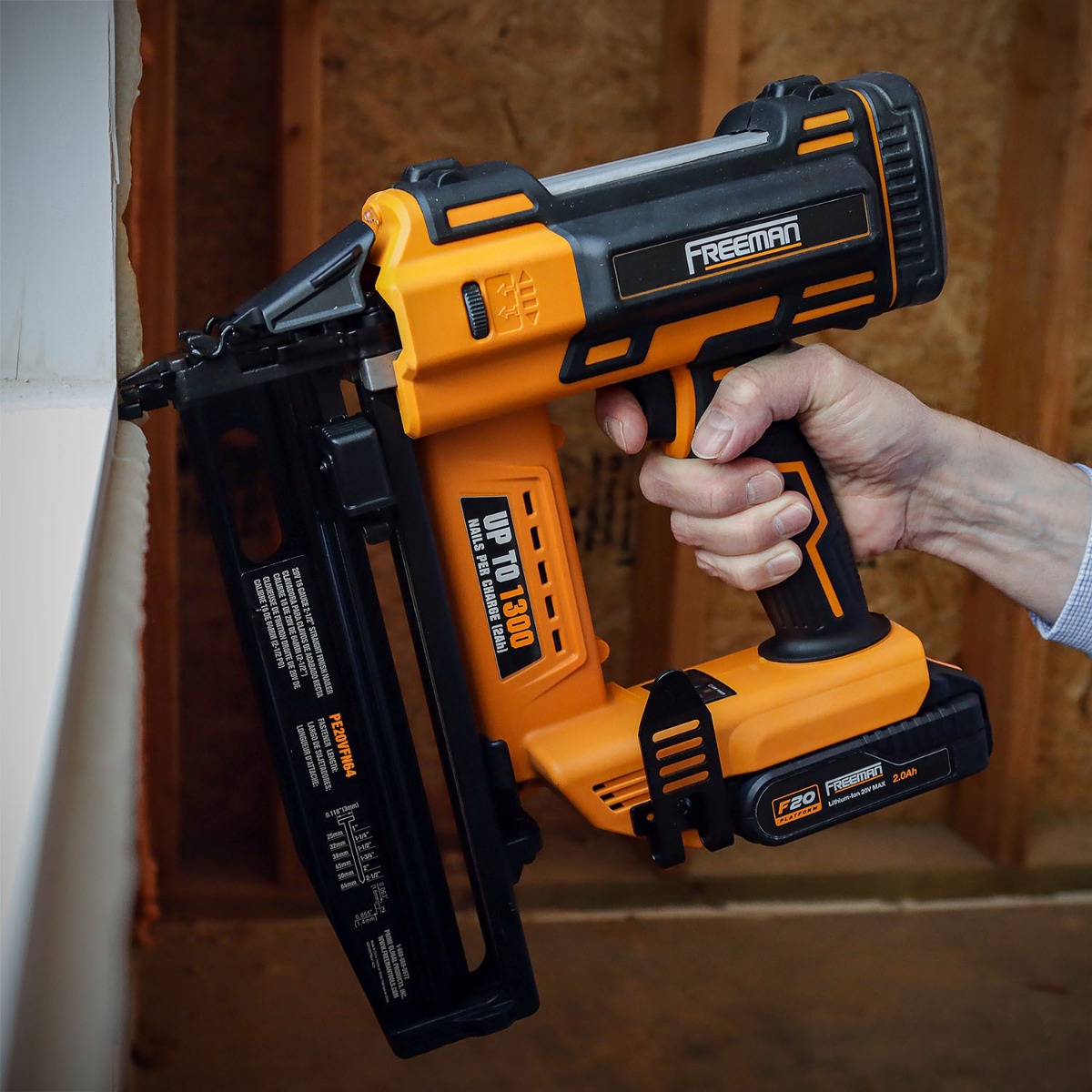 Freeman PE20VFN64 20V Cordless 16-Gauge Straight Finish Nailer Kit w/ Battery & Charger, 1" – 2-1/2" in use