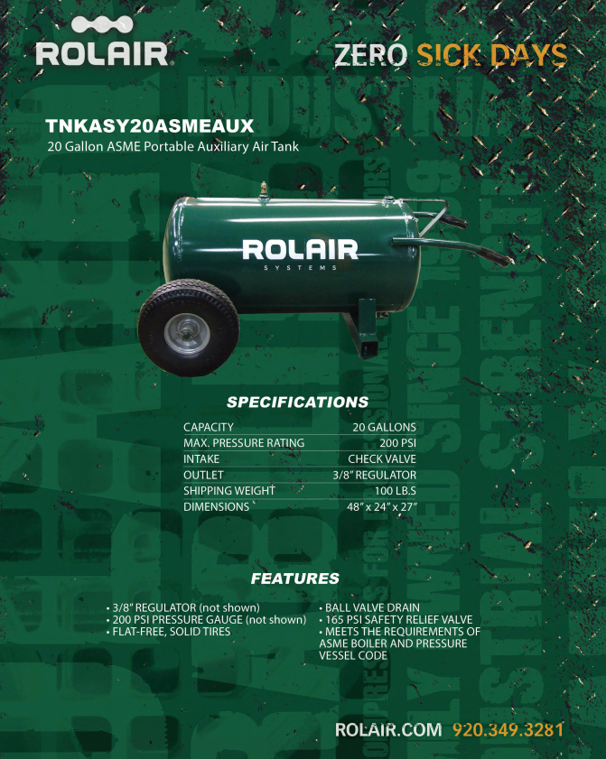 Rolair TNKASY20ASMEAUX 20 Gallon ASME Portable Auxiliary Air Tank spec sheet