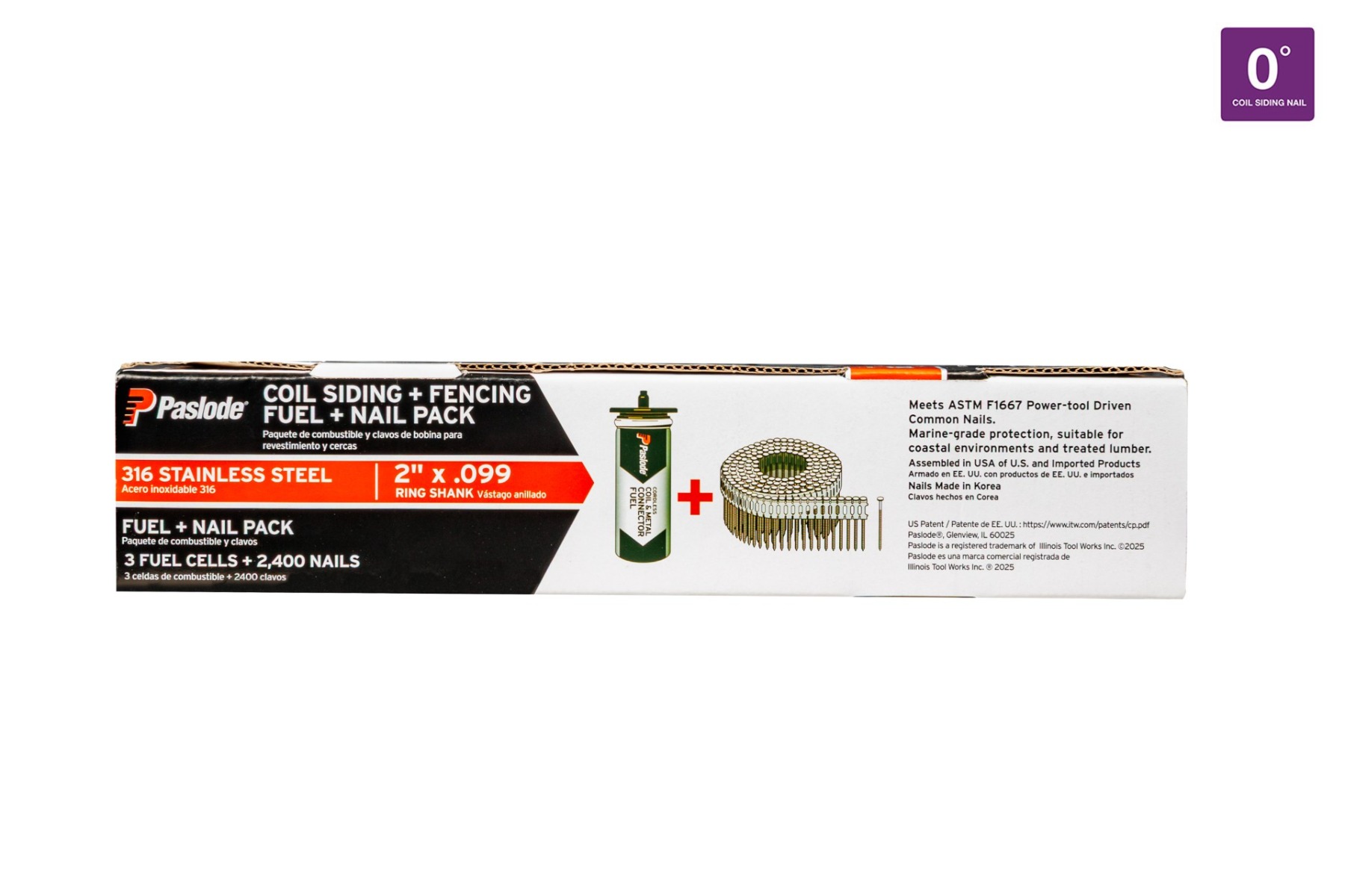 Paslode 650977 2" x .099 Stainless Steel Ring Shank CSF Siding & Fencing Coil Fuel + Nail packaging