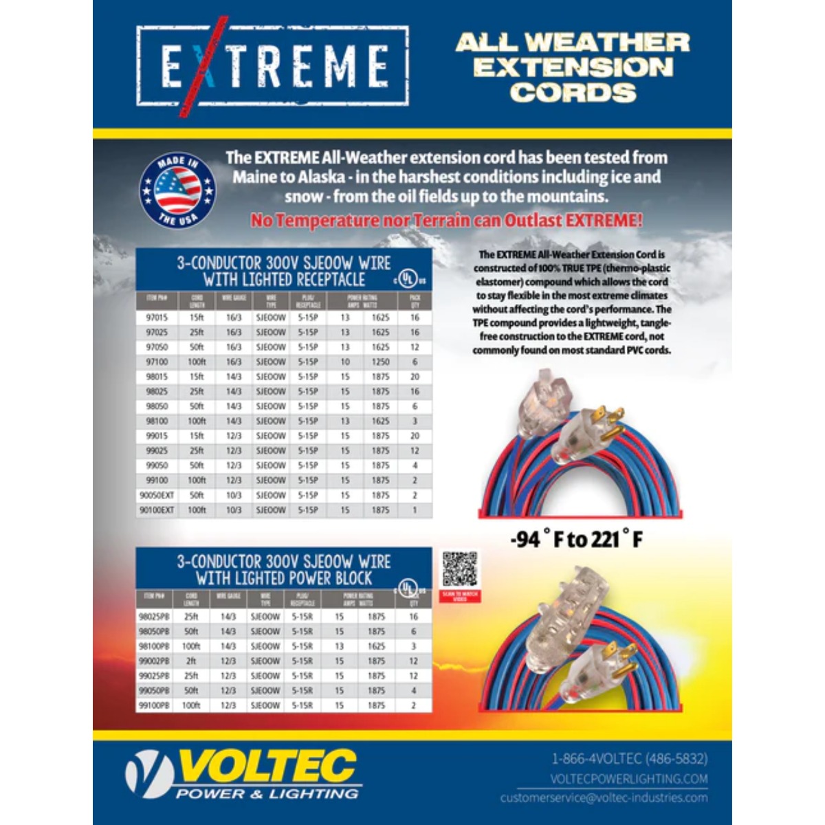 Voltec 99050 12/3 Gauge 50' Extreme All-Weather Extension Cord 3 conductor