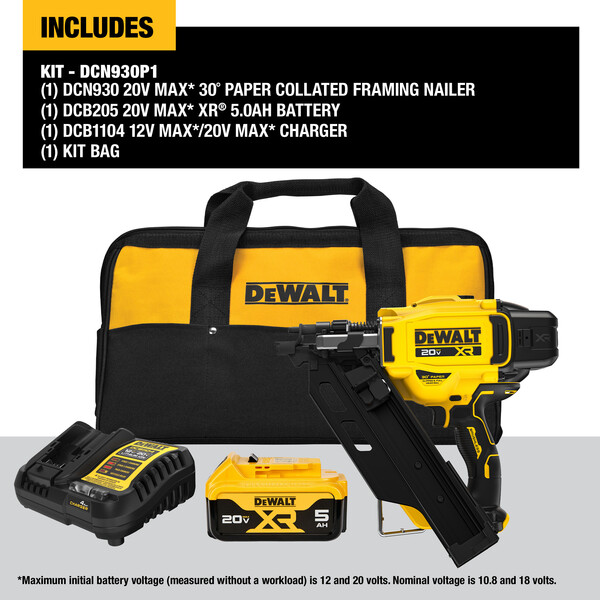 Dewalt DCN930P1 20V MAX Cordless 30-Degree Framing Nailer, 2" to 3-1/2" included with kit