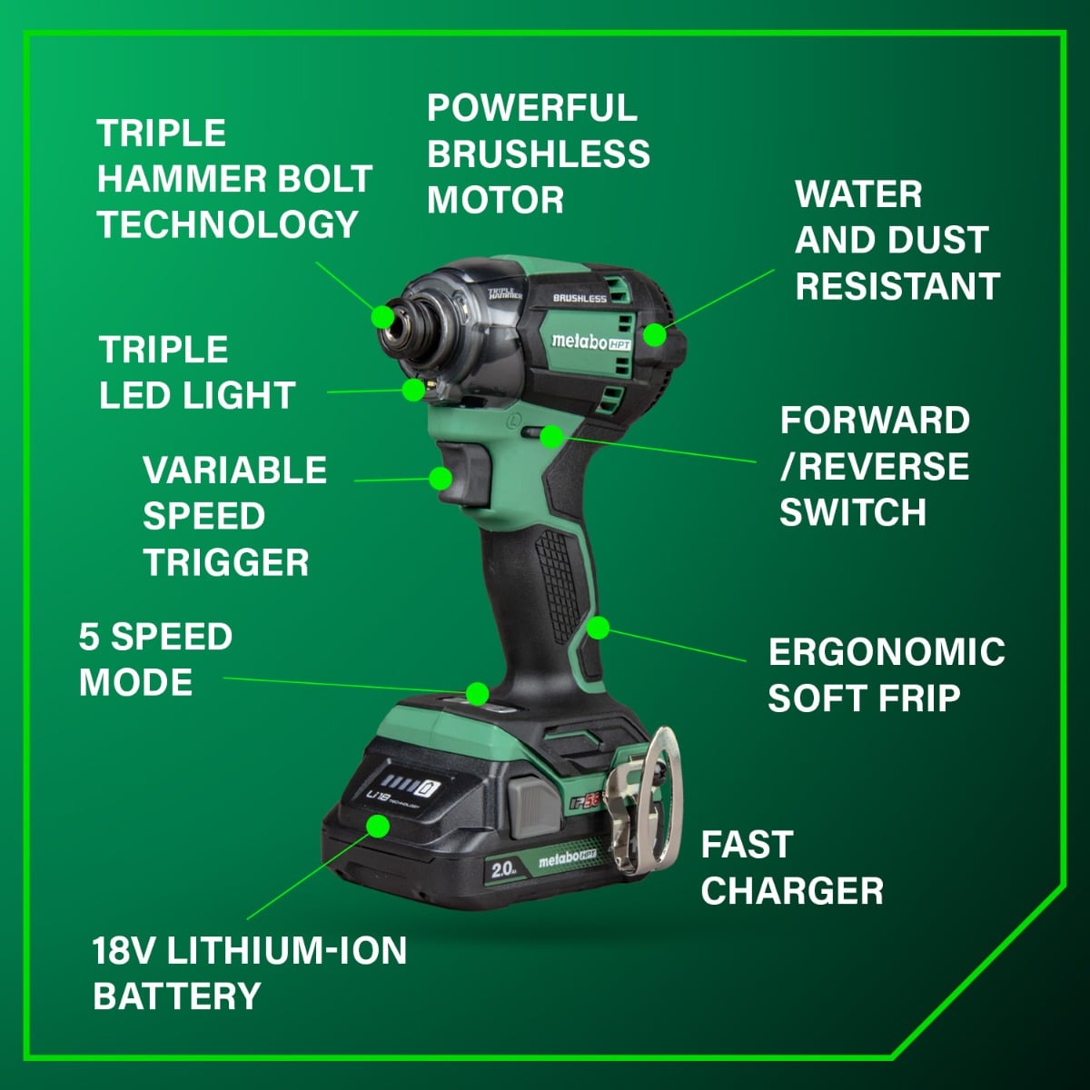Metabo HPT WH18DC 18V Multivolt Cordless Triple Hammer Bolt Impact Driver features