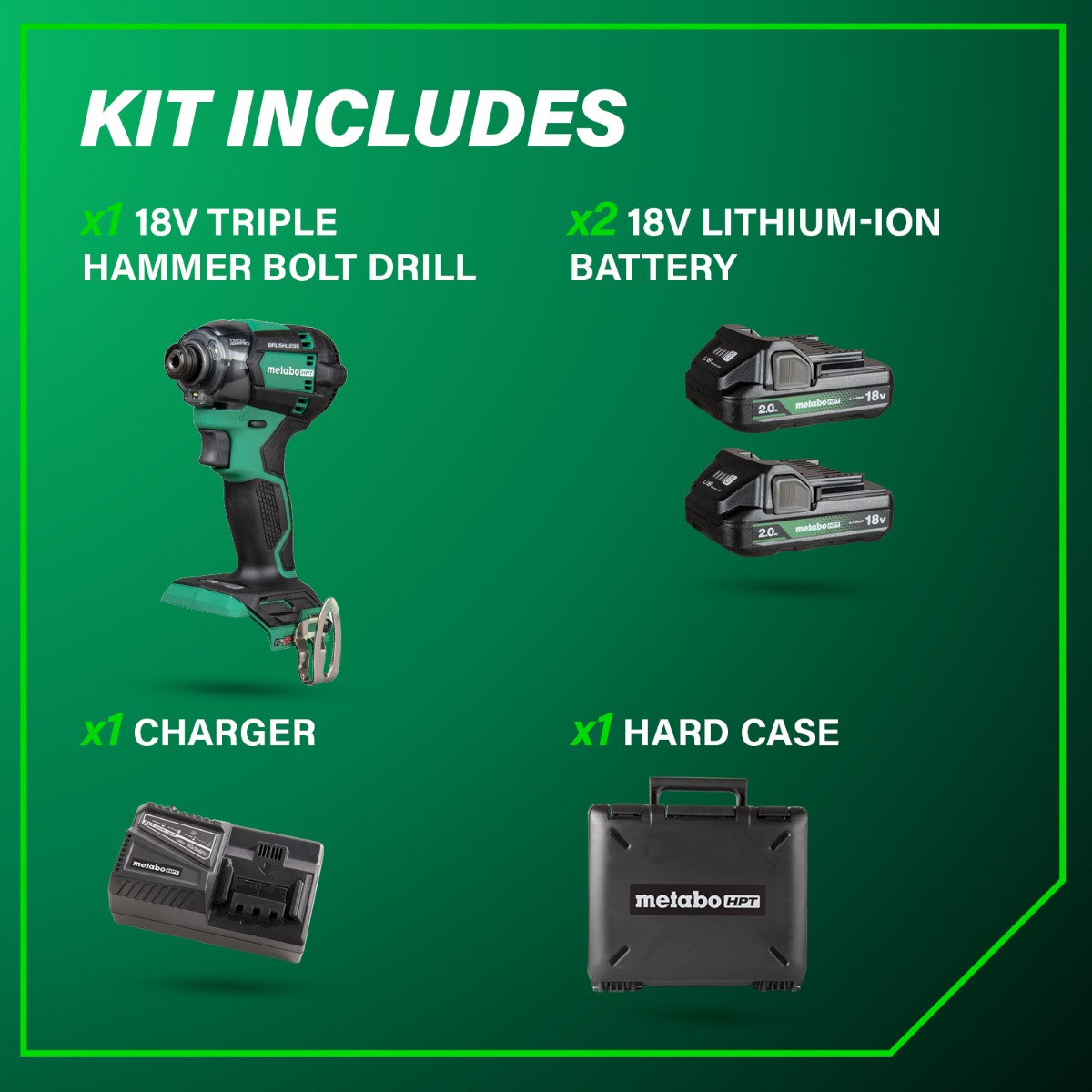 Metabo HPT WH18DC 18V Multivolt Cordless Triple Hammer Bolt Impact Driver kit contents