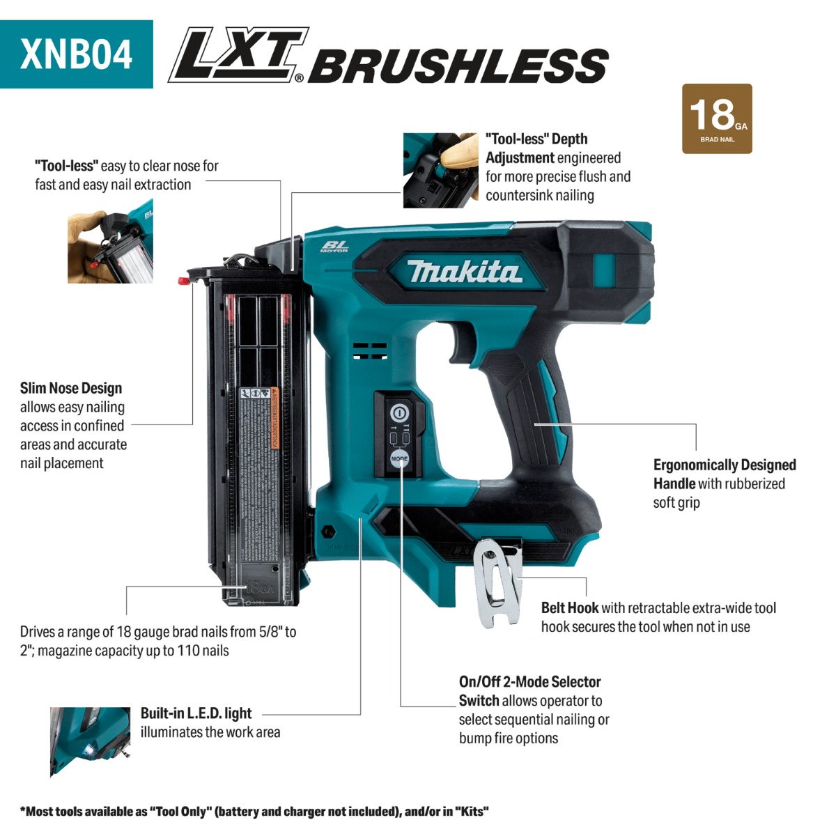 Makita XNB04Z 18V LXT Brushless 18 Gauge Brad Nailer features