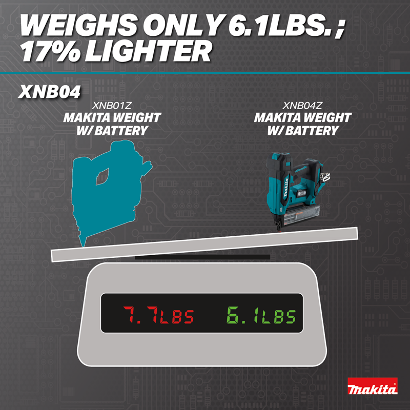 Makita XNB04Z 18V LXT Brushless 18 Gauge Brad Nailer 17% lighter