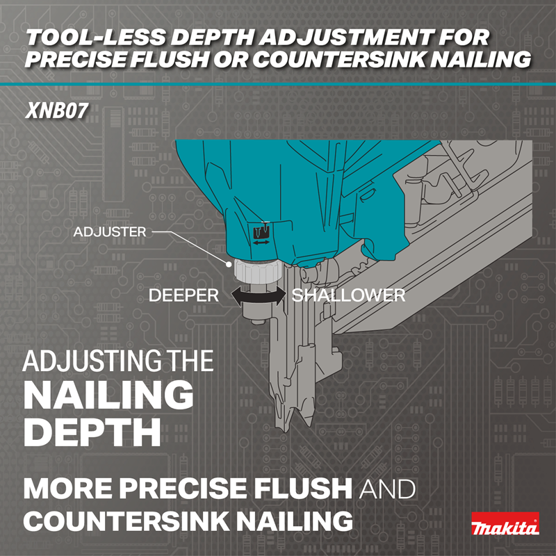 Makita XNB07M1 18V LXT Brushless 30-Degree Clipped Head Framing Nailer in use with depth adjust